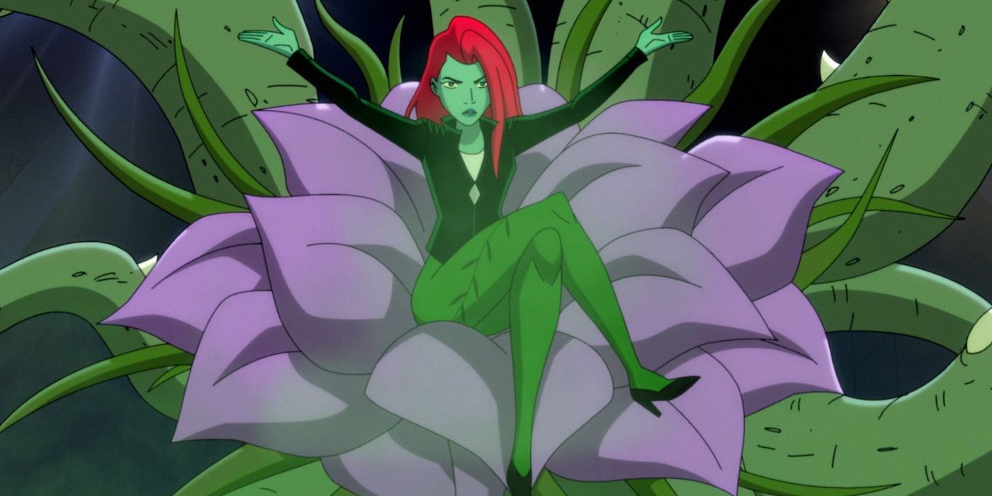 Poison Ivy istting in a giant purple flower in Harley Quinn.