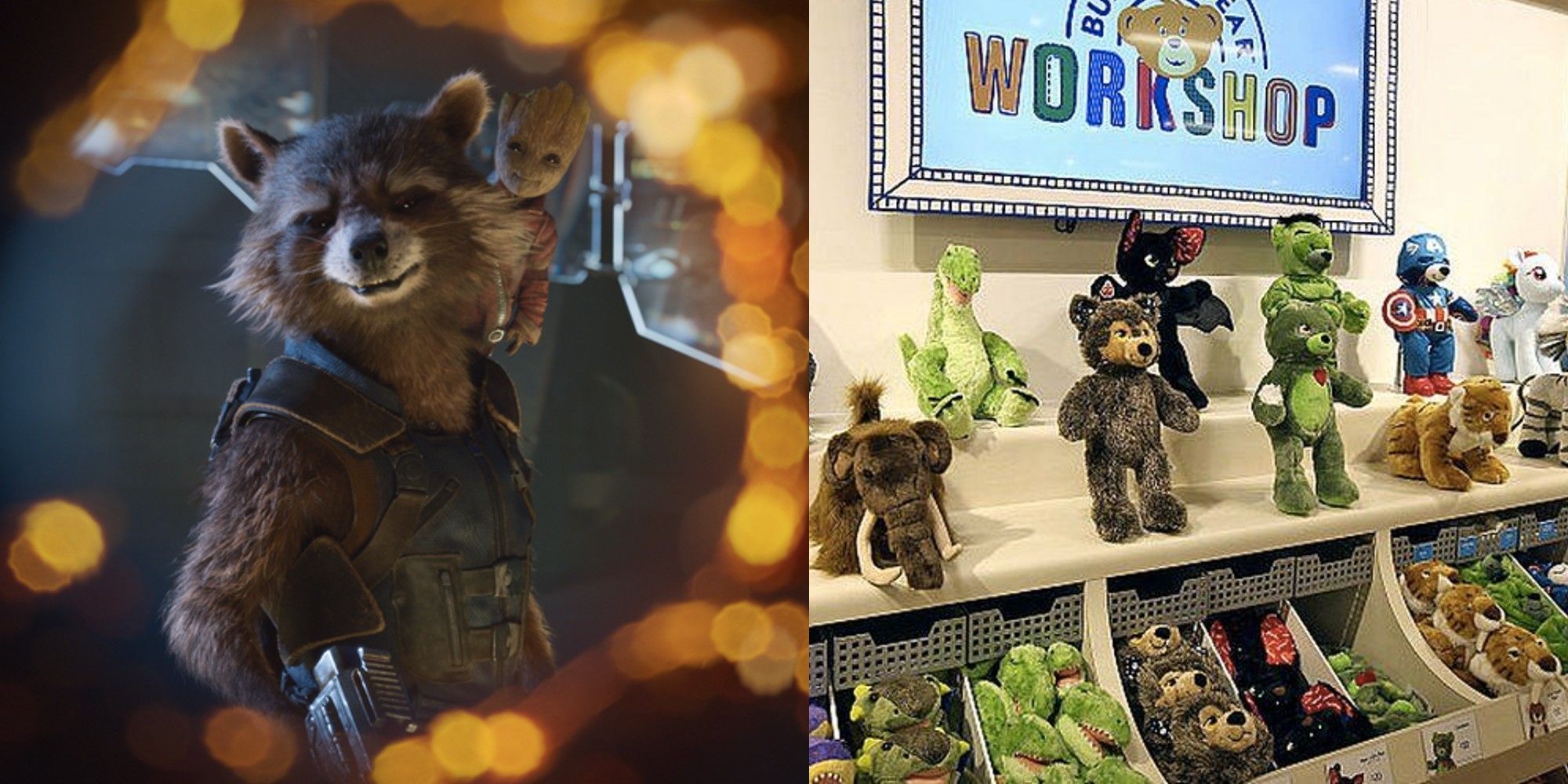 Left to right: Rocket Racoon in Guardians of the Galaxy and the Build-A-Bear Workshop plushies
