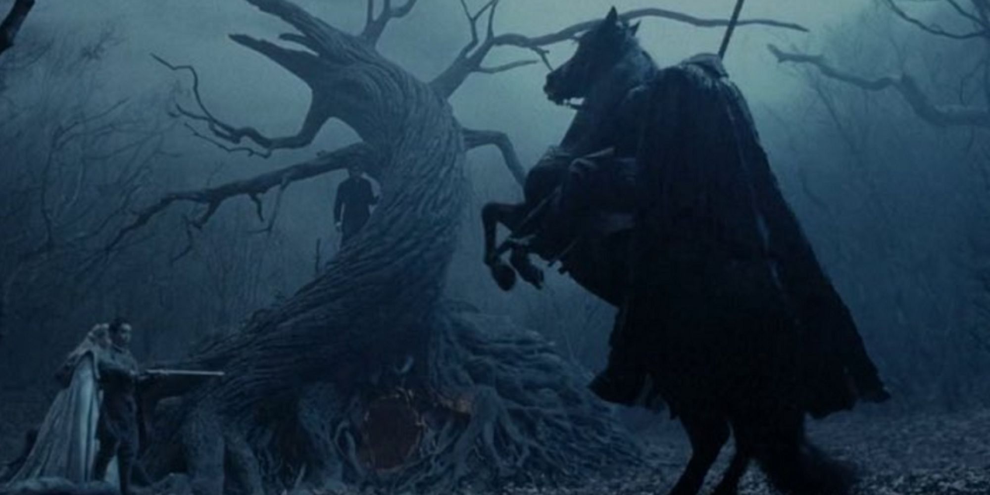 The Headless Horseman in front of a tree