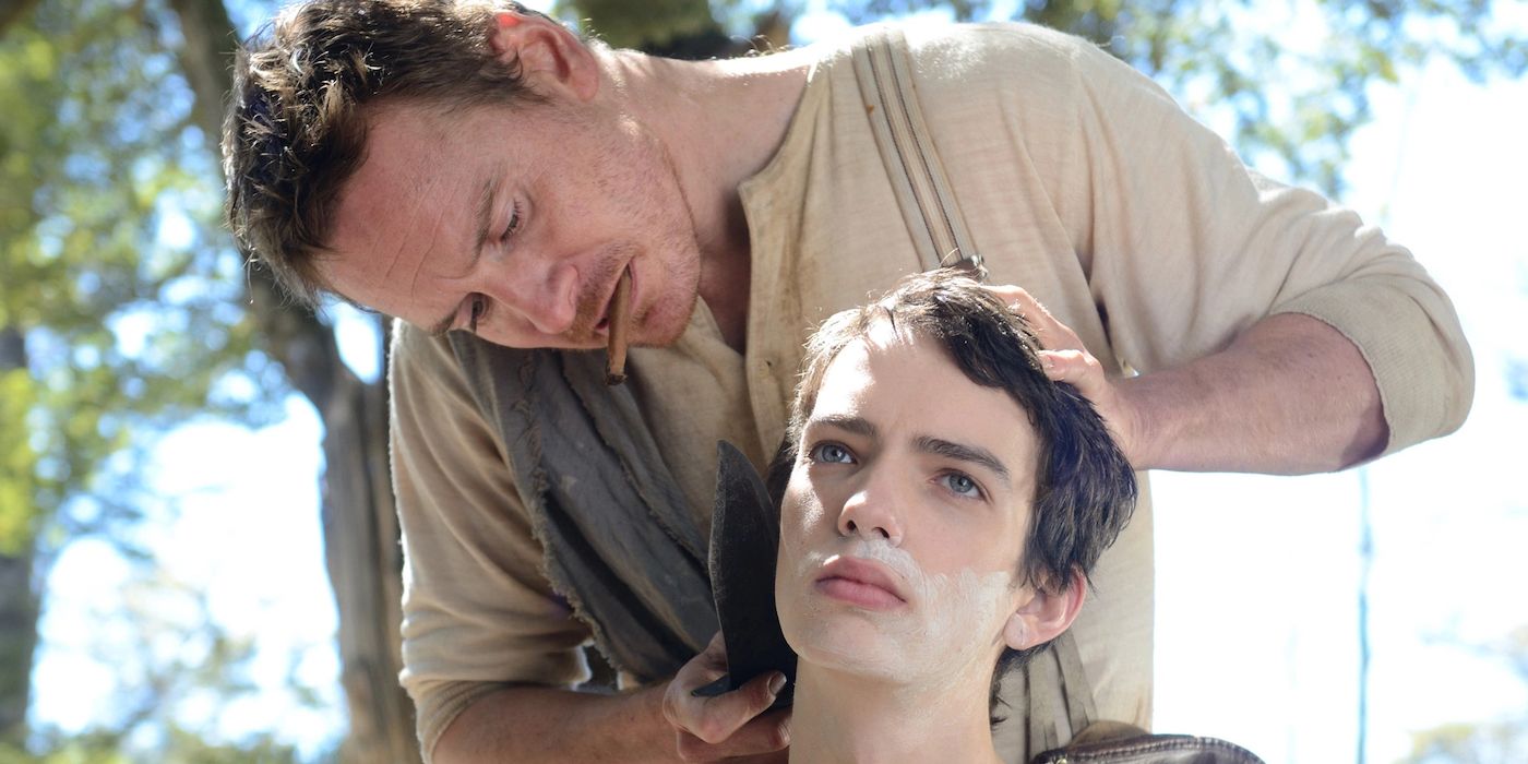 Silas shaving Jay in Slow West.