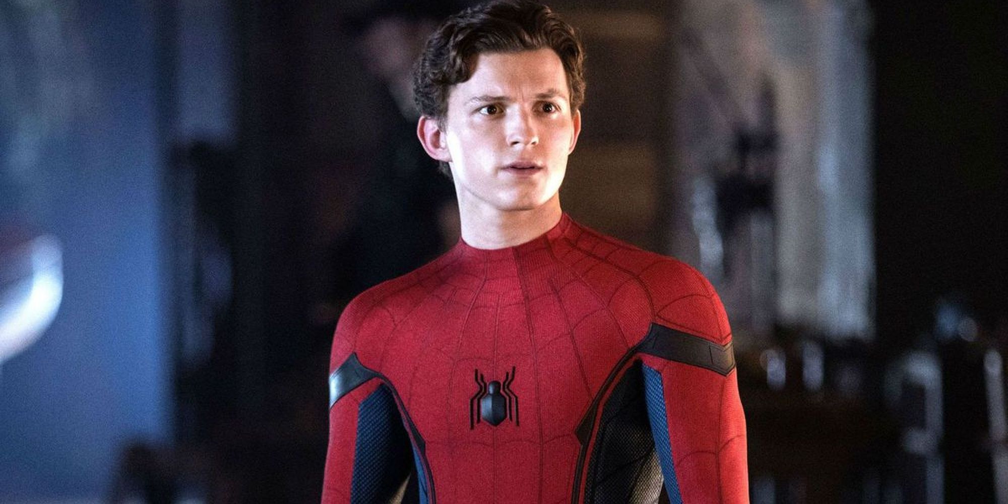 Spider-Man without his mask on looking confused in Spider-Man: Far From Home