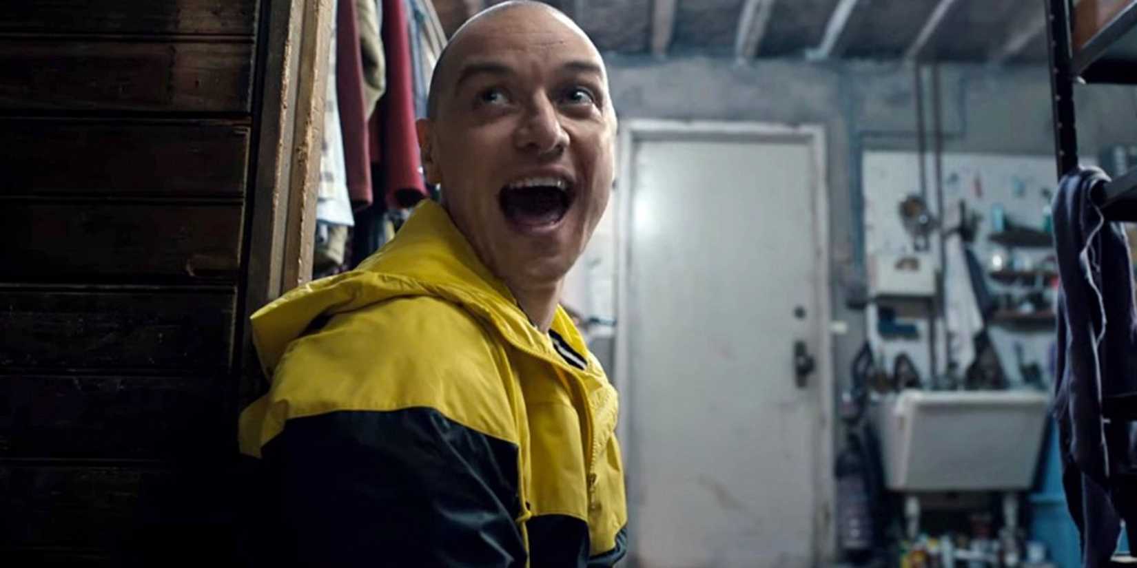 James McAvoy with one of his personalities in Split laughing and looking off to the side