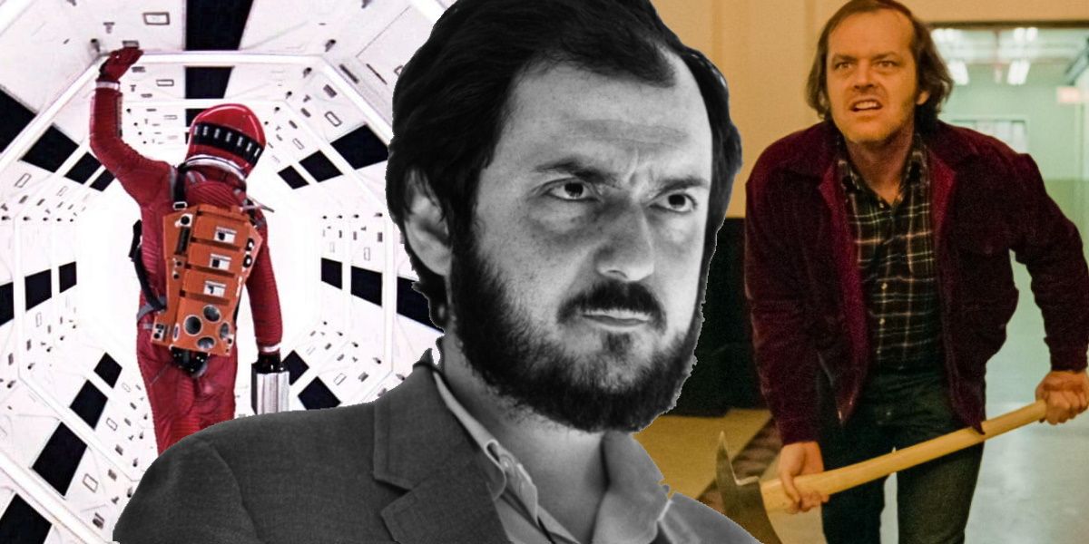 Image mixte représentant Stanley Kubrick et des scènes de 2001 : L'Odyssée de l'espace et The Shining.