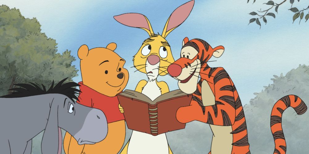 Pooh, Rabbit, Tigger, and Eeyore look through Piglet's scrapbook in Piglet's Big Movie