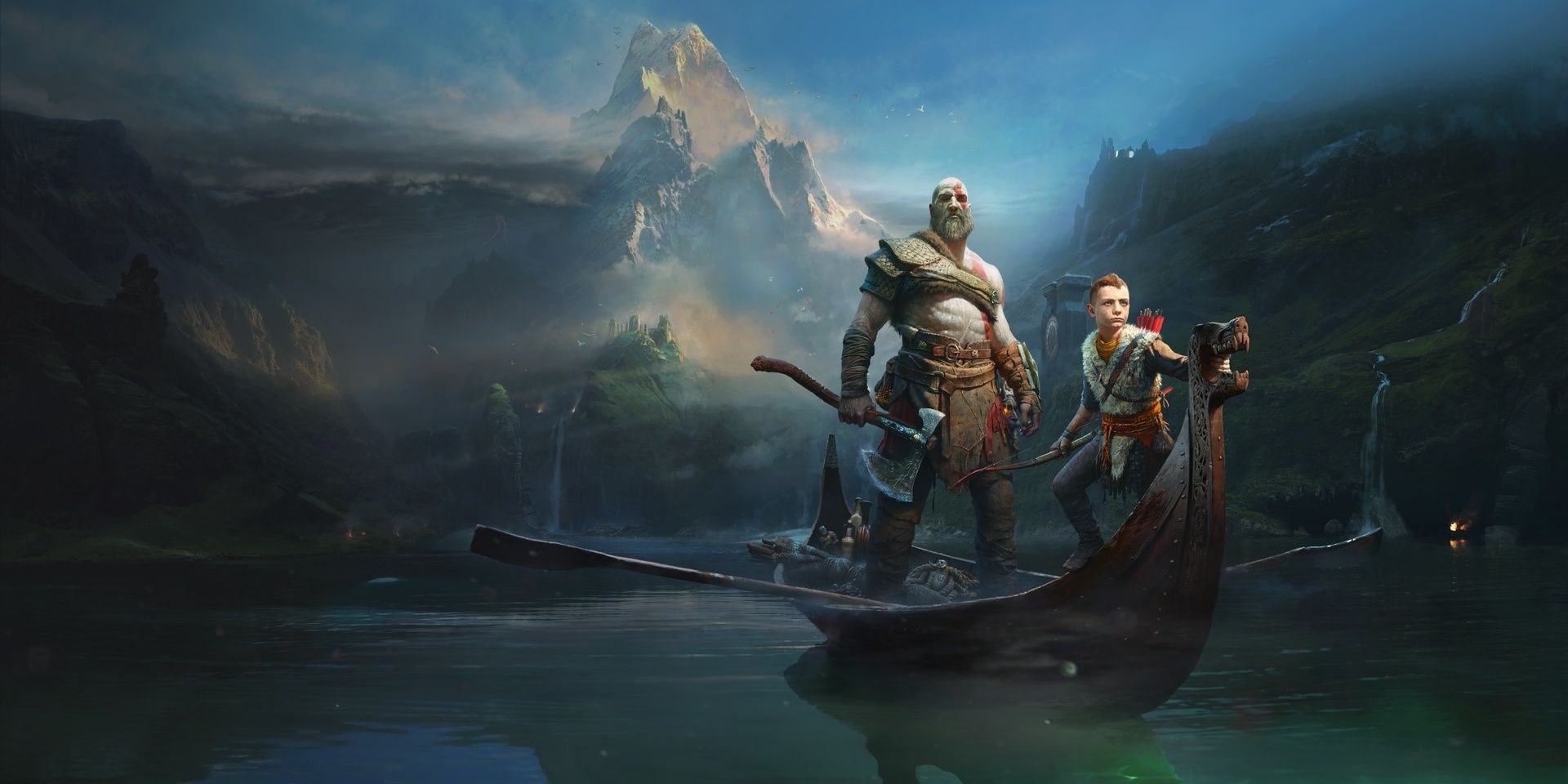 Kratos and Loki embark before a thunderous mountain range