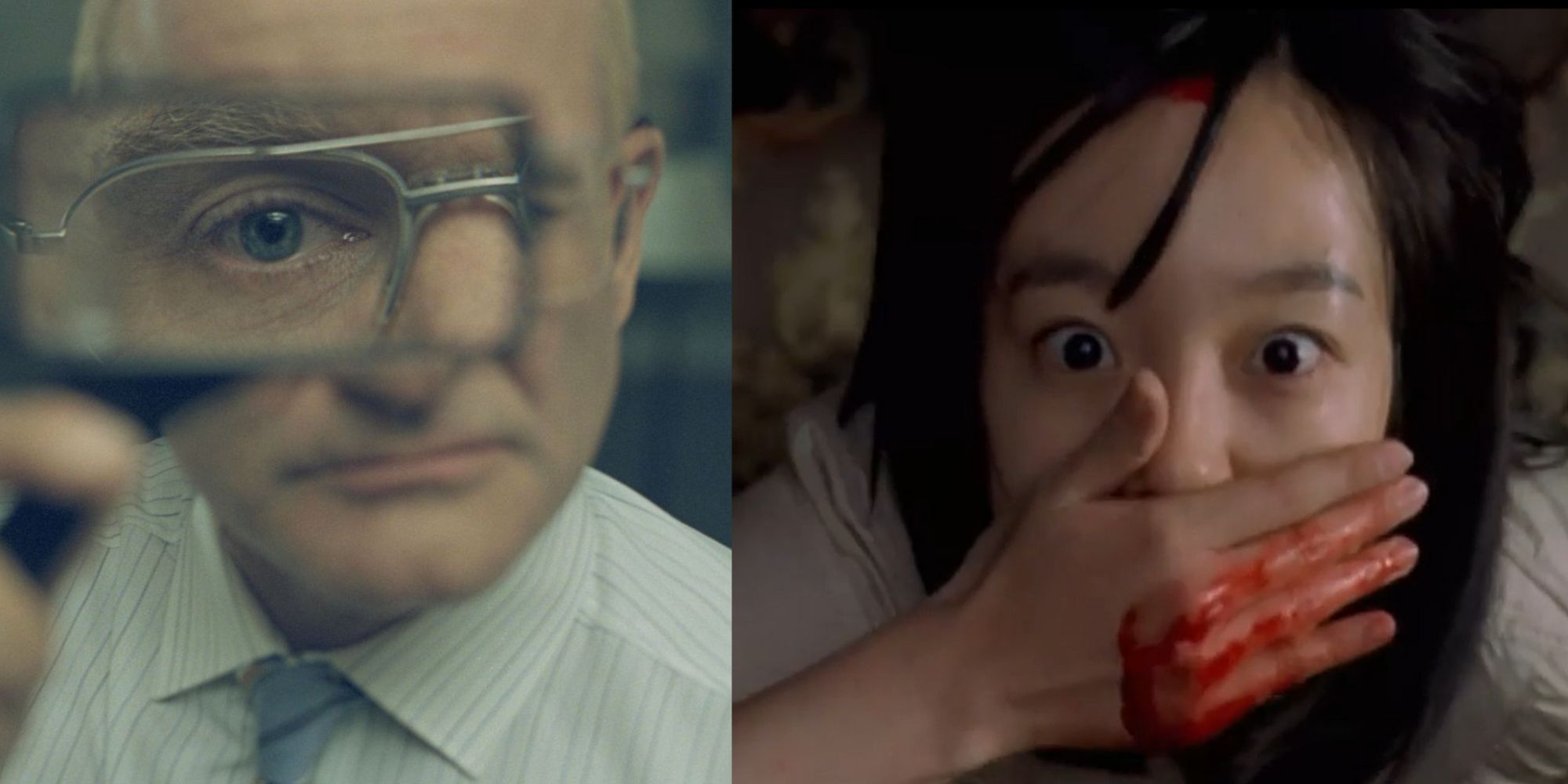 A still of Robin Williams frm One Hour Photo on the left and a still from Im Soo-jung from A Tale of Two Sisters on the right