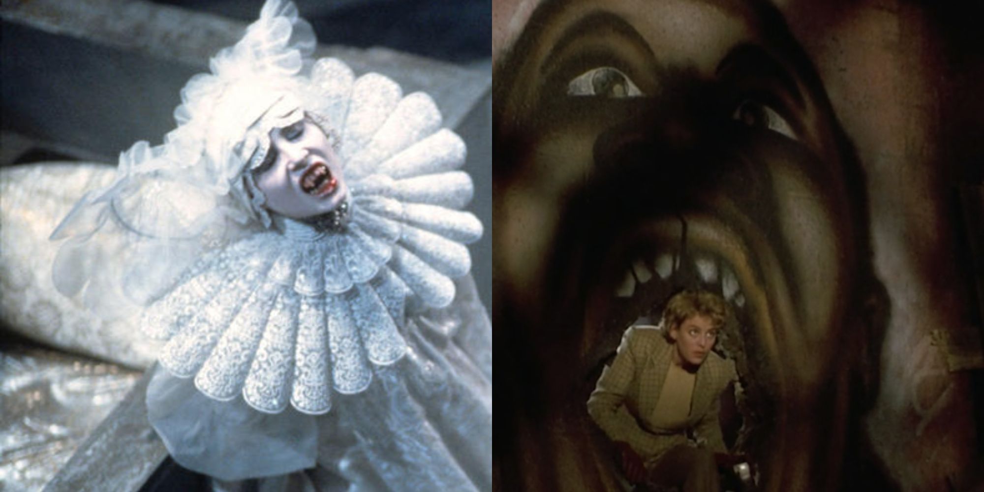 A still of Lucy from Bram Stoker's Dracula on the left and a still of Helen coming out from a hole resembling the mouth of Candyman in Candyman on the right