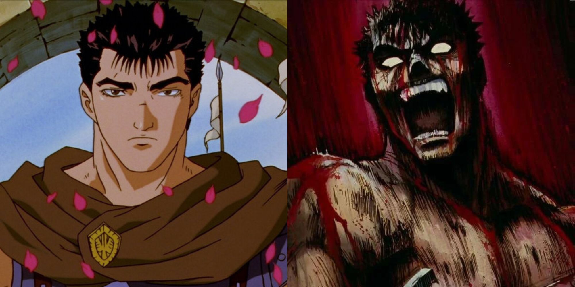 A collage of Berserk 1997: Guts surrounded by petals on the left and Guts sheltered in blood and rage on the right