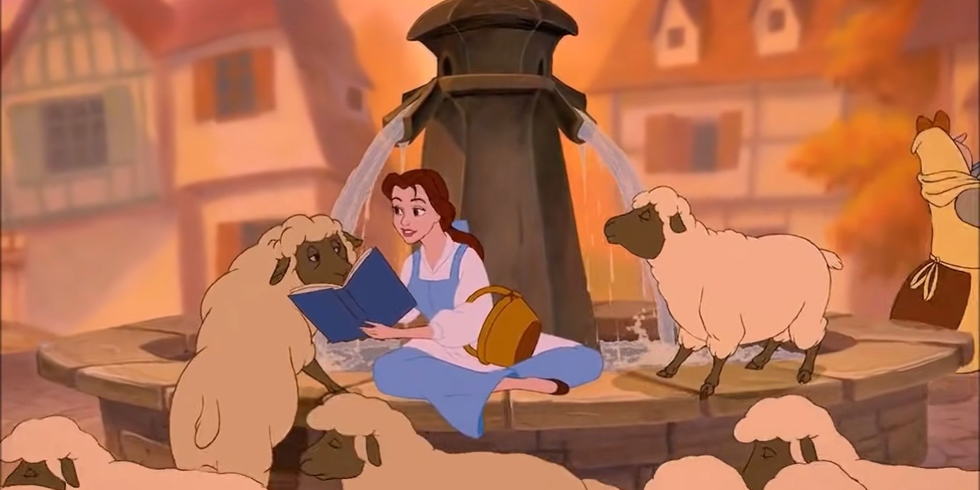 Belle lisant avec des moutons dans La Belle et la Bête (1991)
