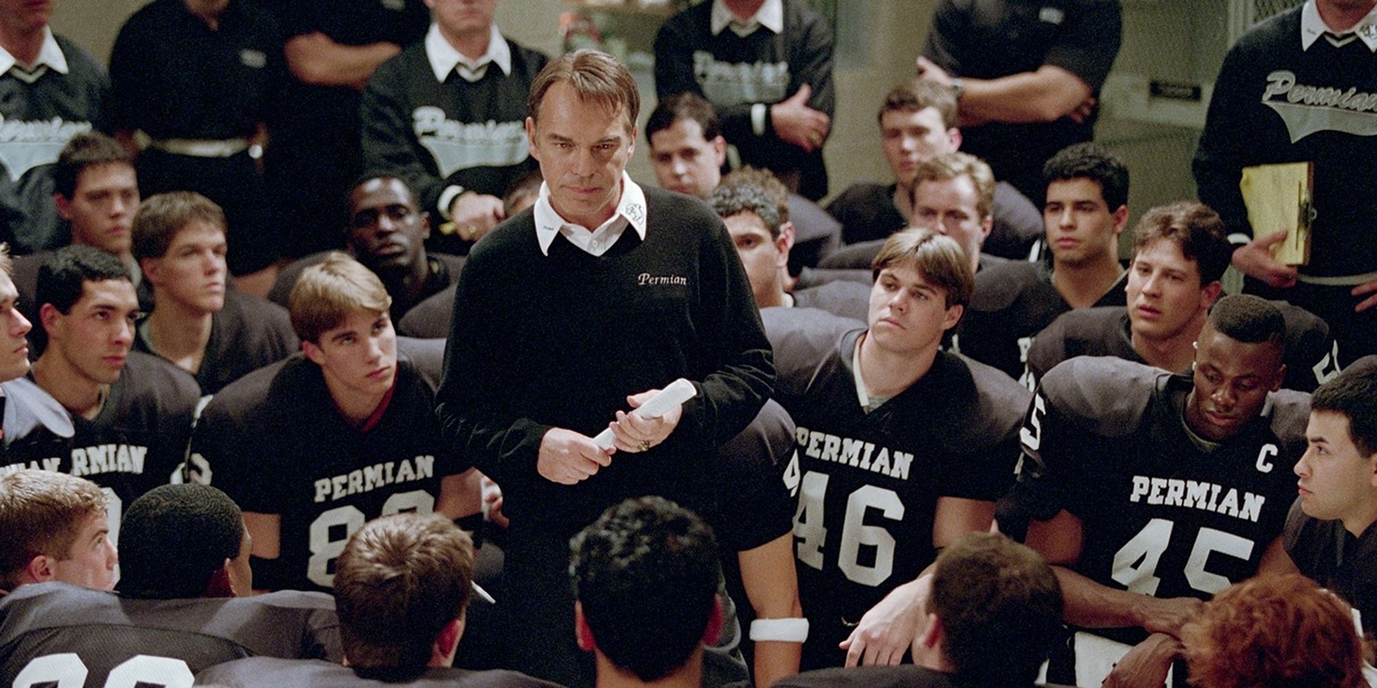 Billy Bob Thornton instructing his football players in the locker room