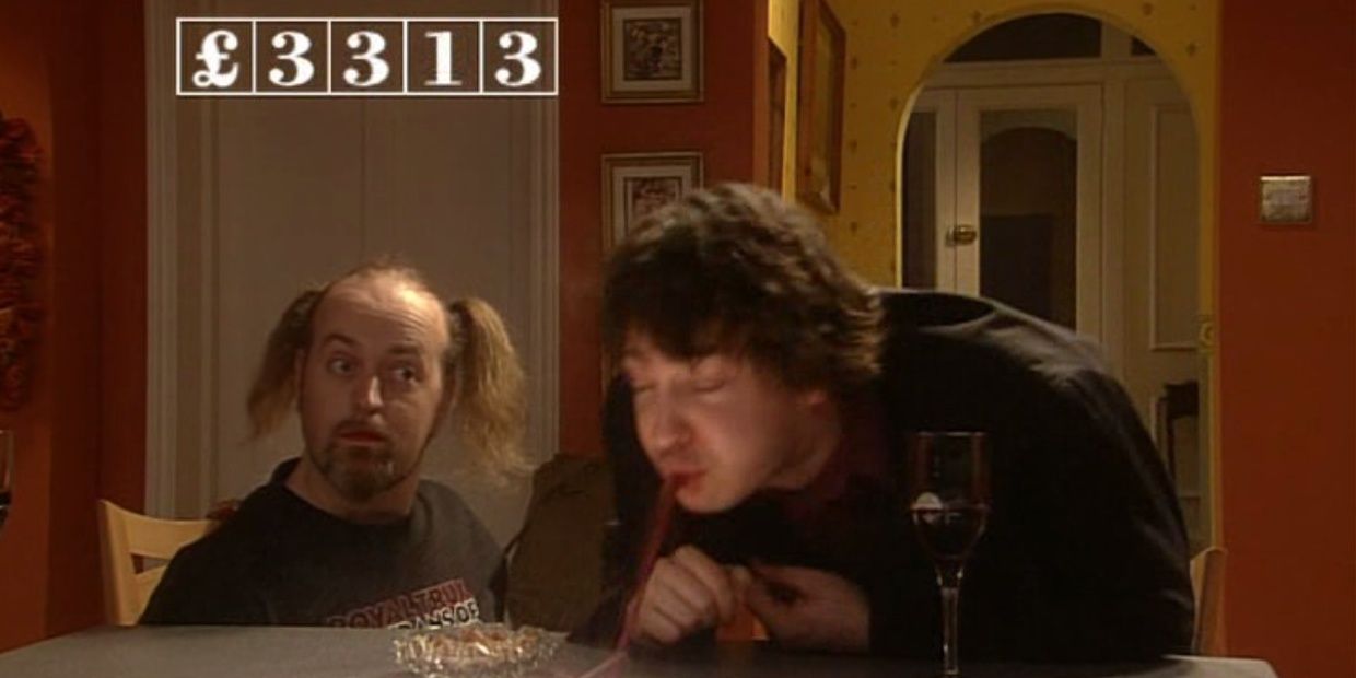 Black Books, Grapes of Wrath, Manny and Bernard drunk, wine, spit-take, 18 dollars per list