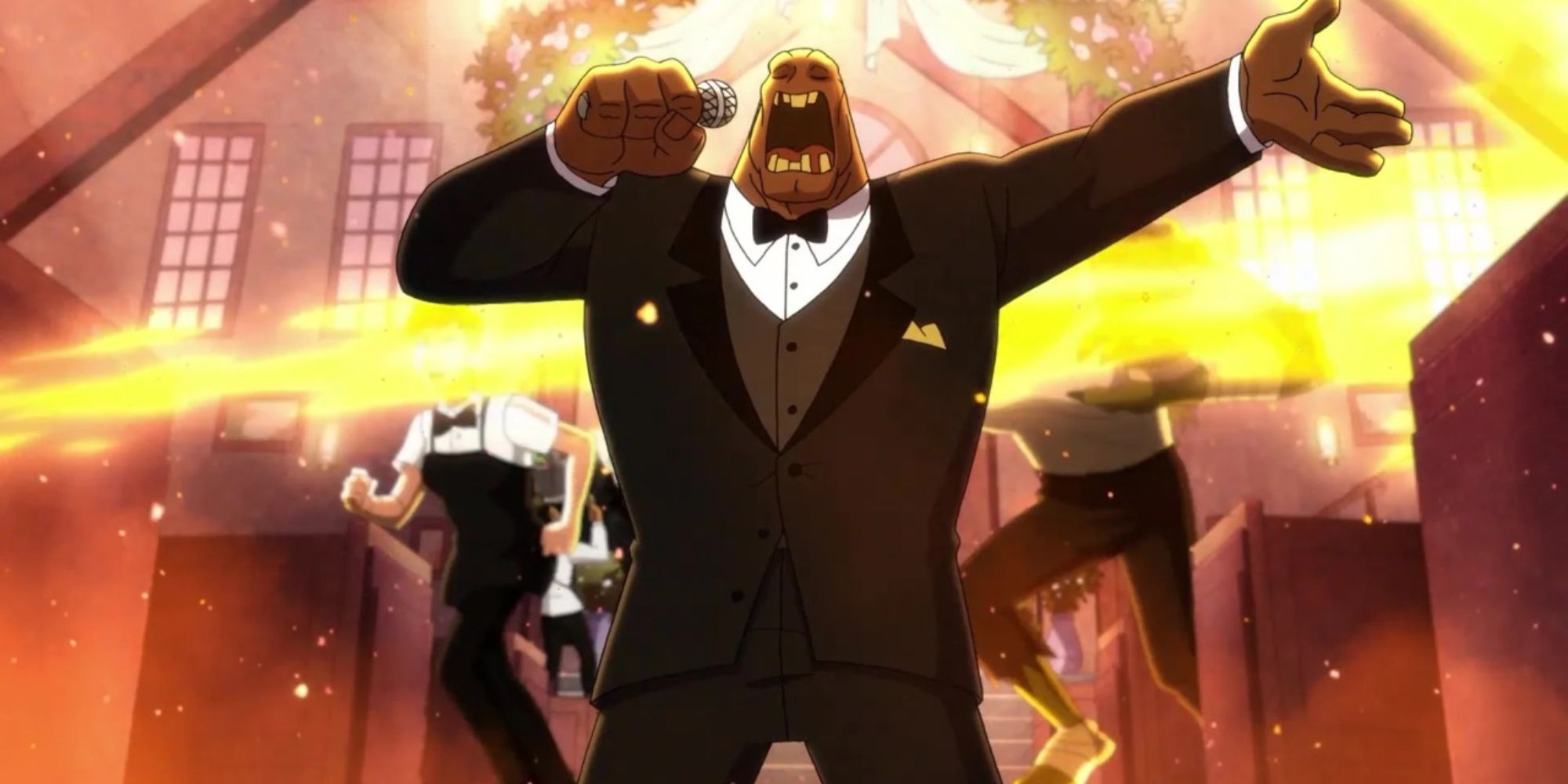 Clayface wearing a tux and singing in Harley Quinn.
