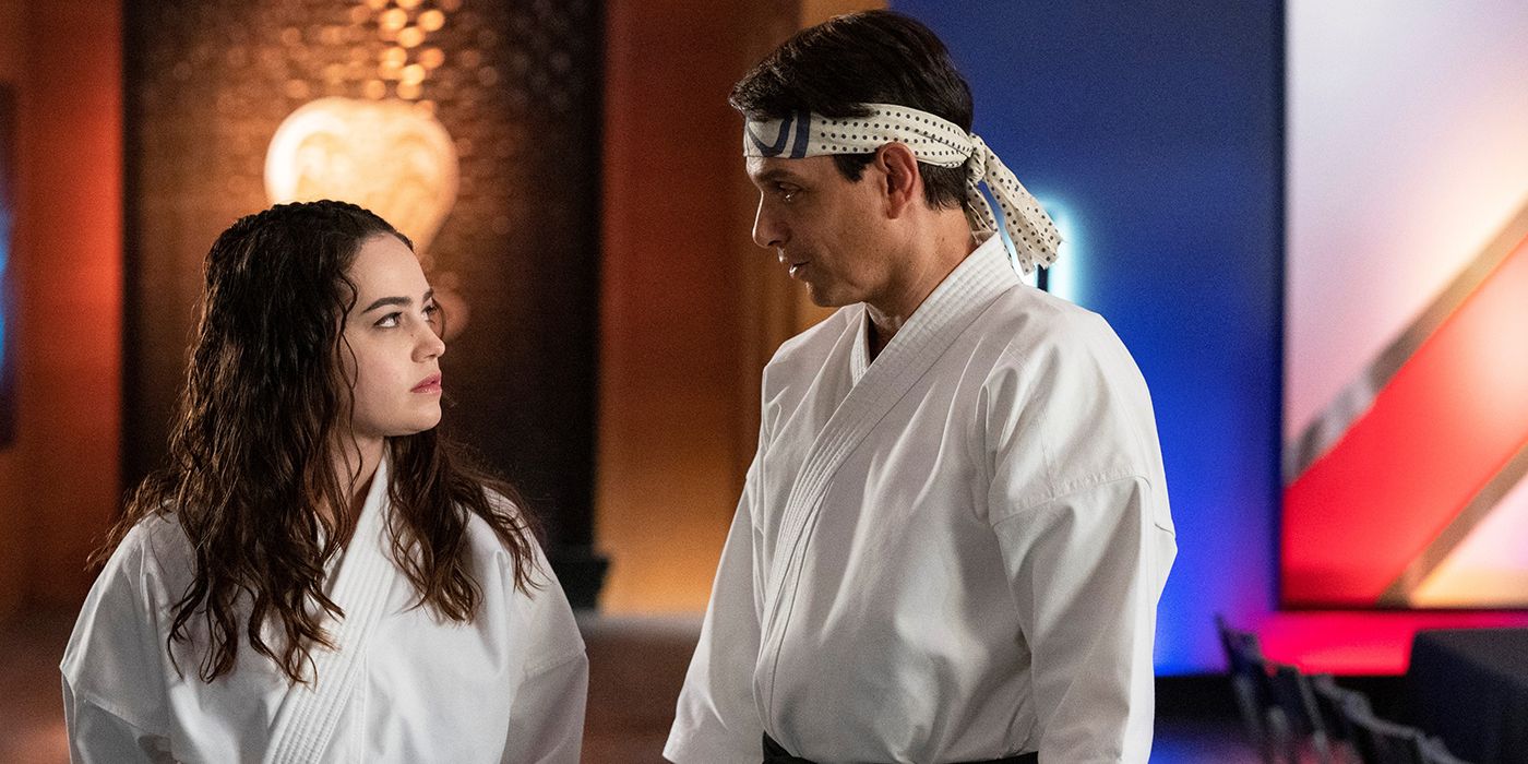 Cobra Kai S5 Mary Mouser as Samantha LaRusso Ralph Macchio as Ralph LaRusso