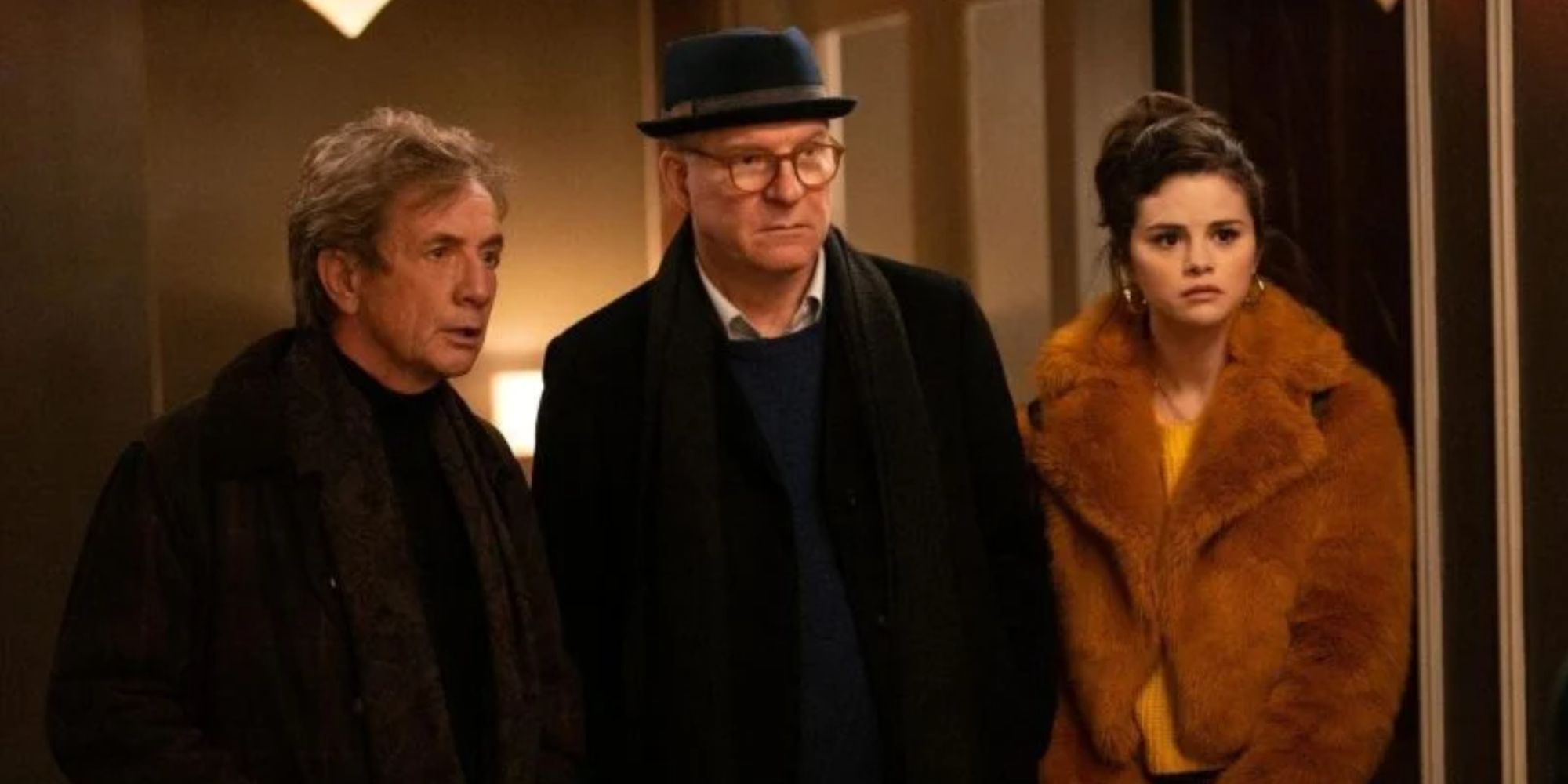 Martin Short, Steve Martin and Selena Gomez looking off to the side confused in 'Only Murderers in the Building'
