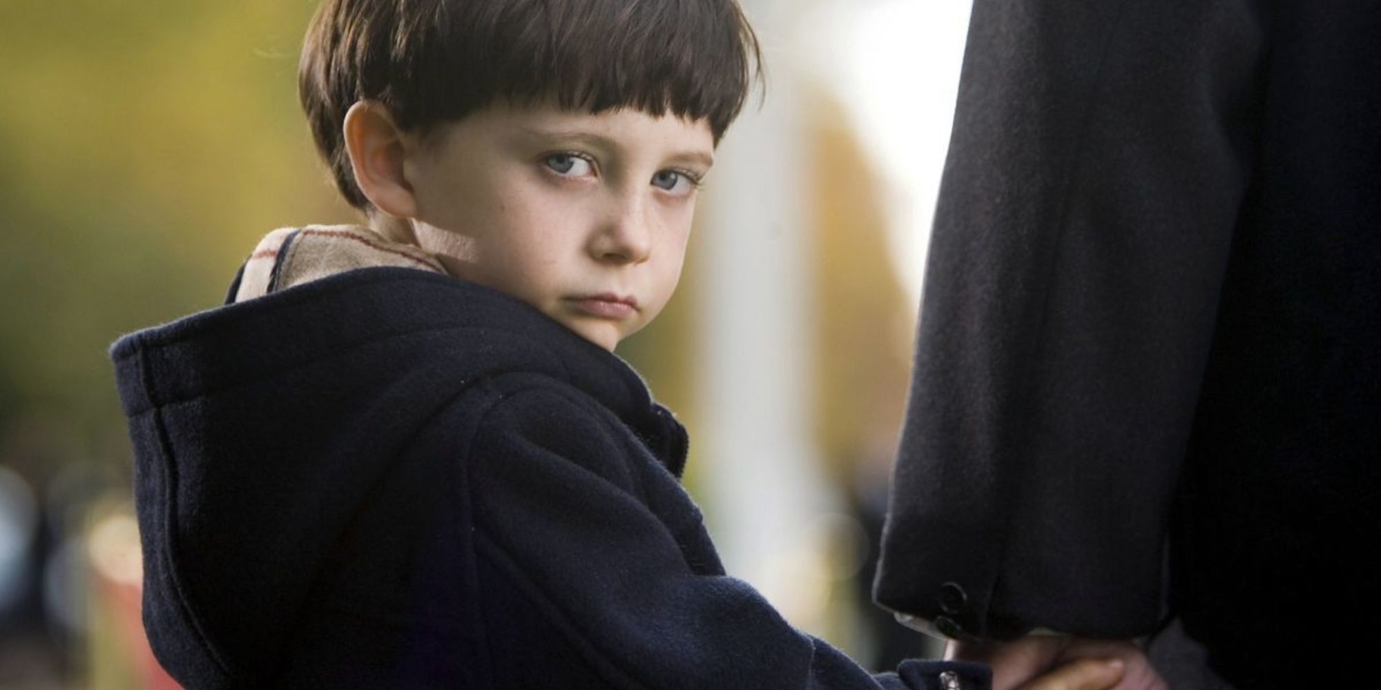 Damien (Seamus Davey-Fitzpatrick) staring directly into the camera in 'The Omen' (2006)