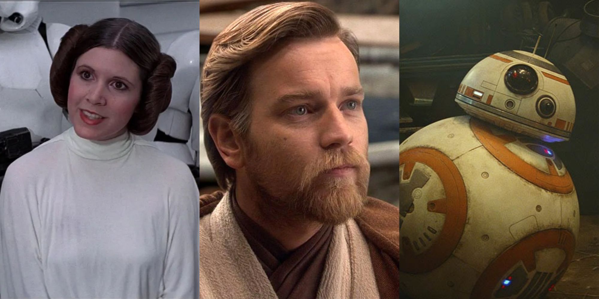 Princess Leia, Obi-Wan Kenobi and BB-8  in three panels 