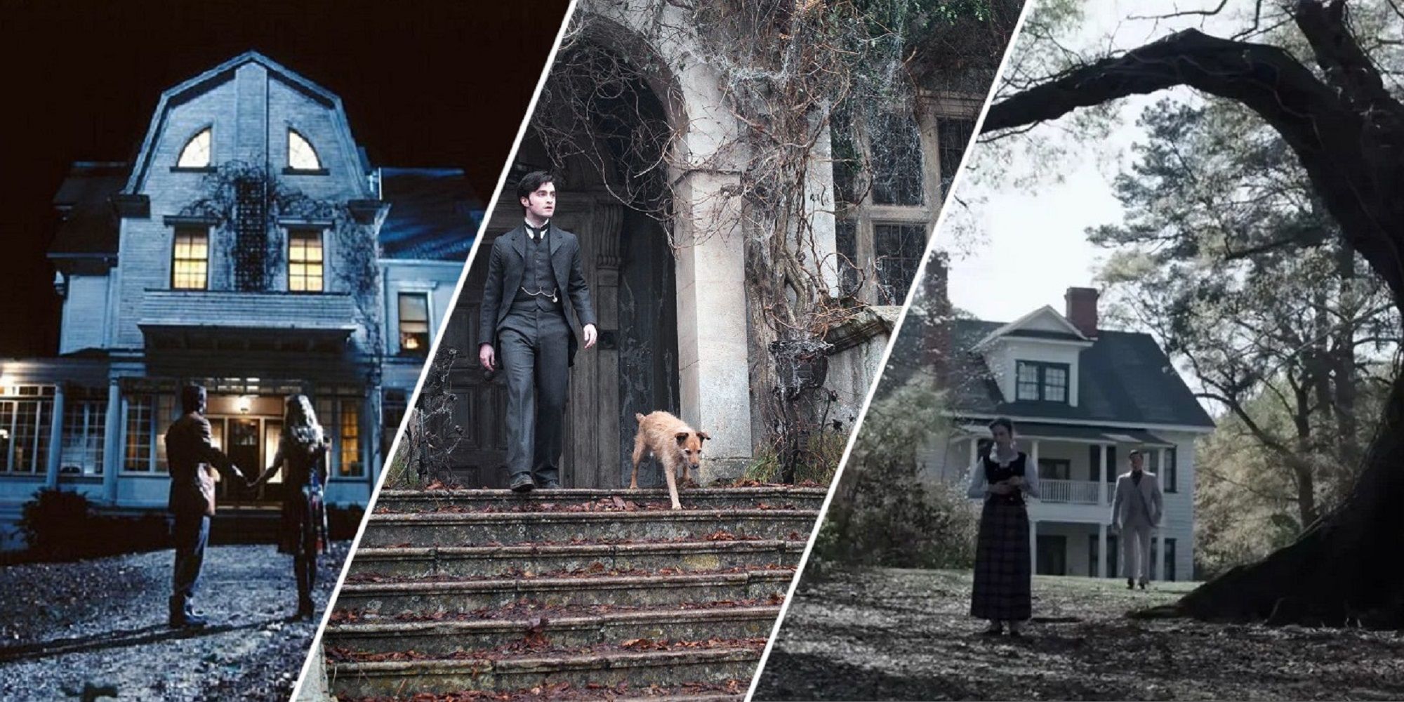 The Amityville Horror house, Daniel Radcliffe and a dog on the stairs in The Woman in Black, and The Conjuring house.