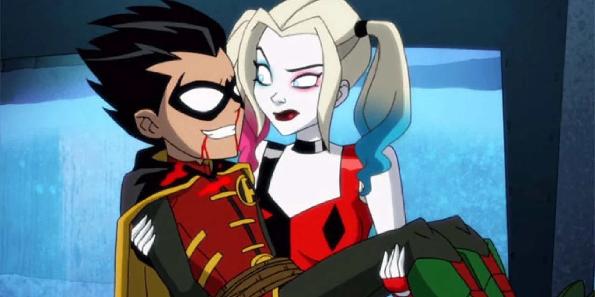 Harley carrying a bloodied Damian in Harley Quinn.