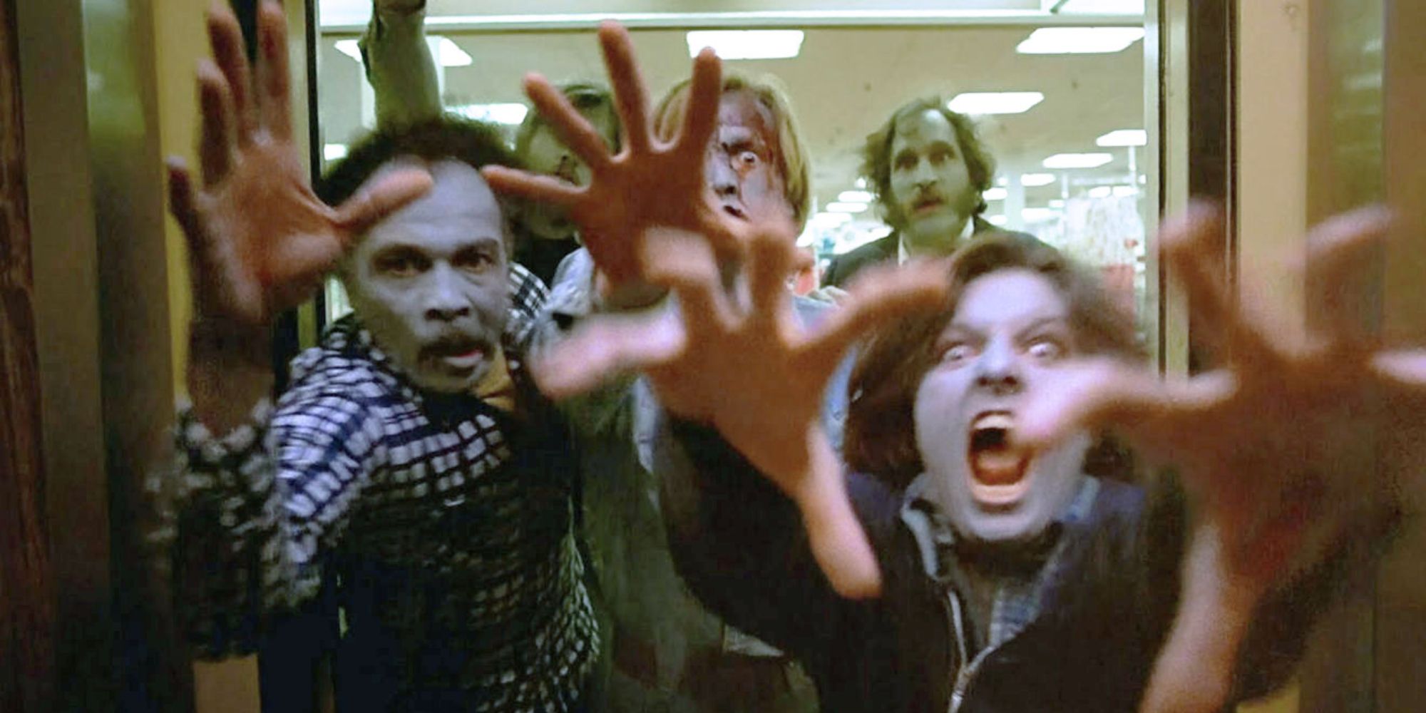 A horde of zombies coming at the camera in Dawn of the Dead