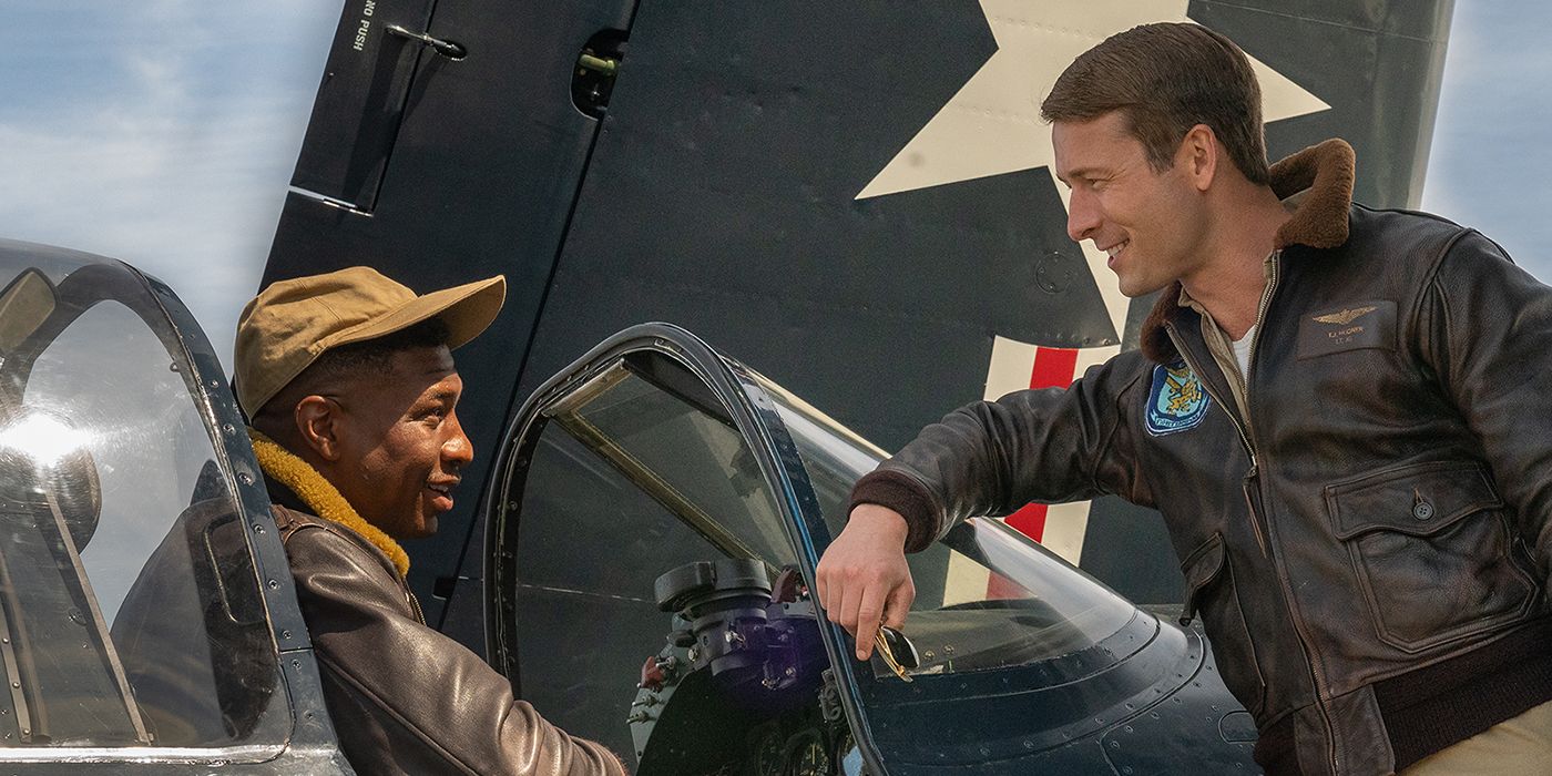 Jonathan Majors talking to Glen Powell in Devotion