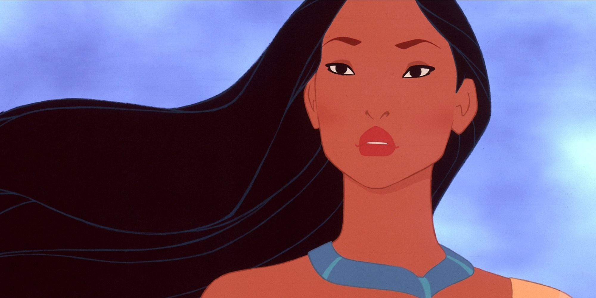 Pocahontas with wind blowing on her face in Pocahontas.