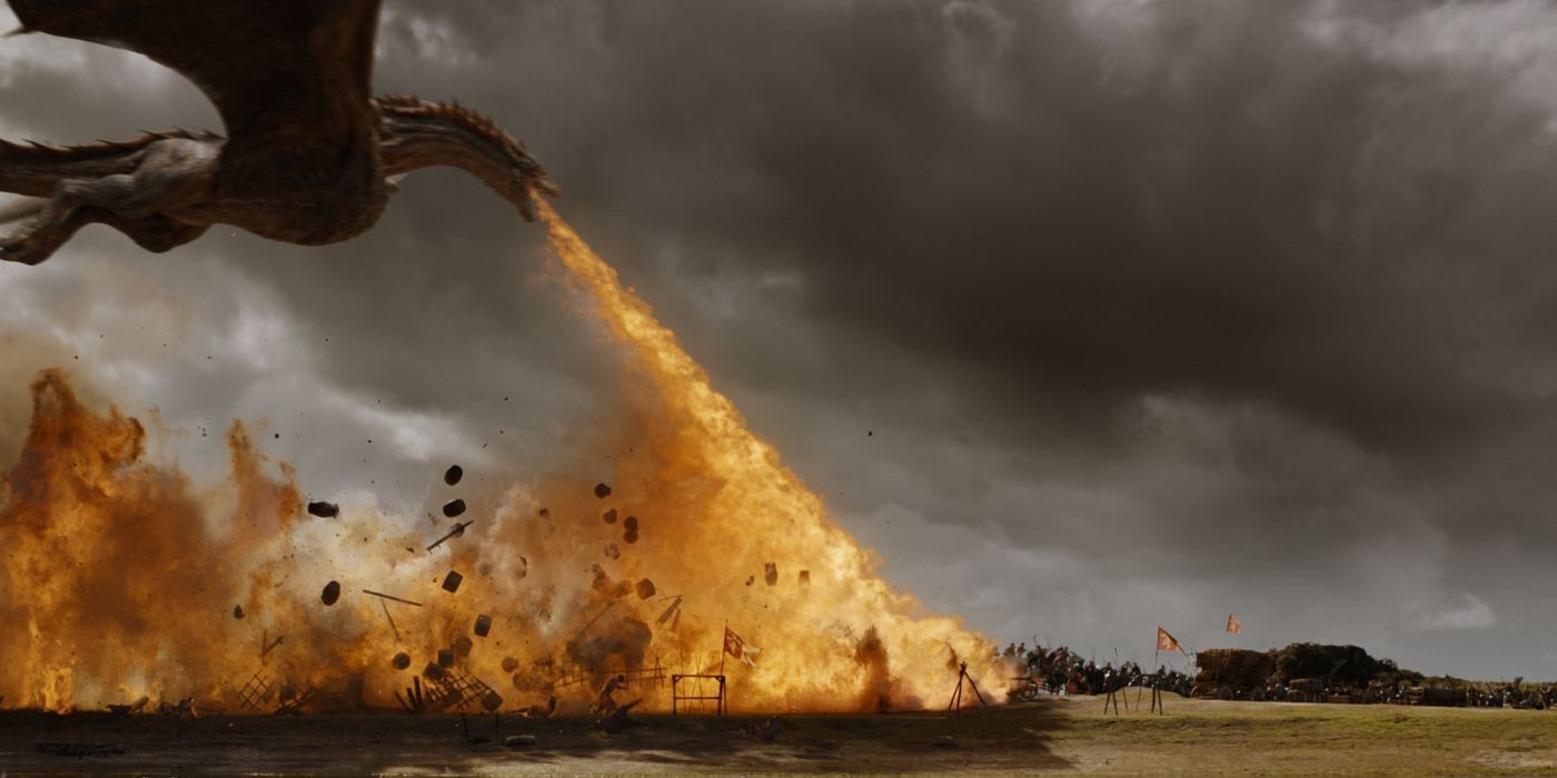 Drogon burning Lannisters in The Spoils of War