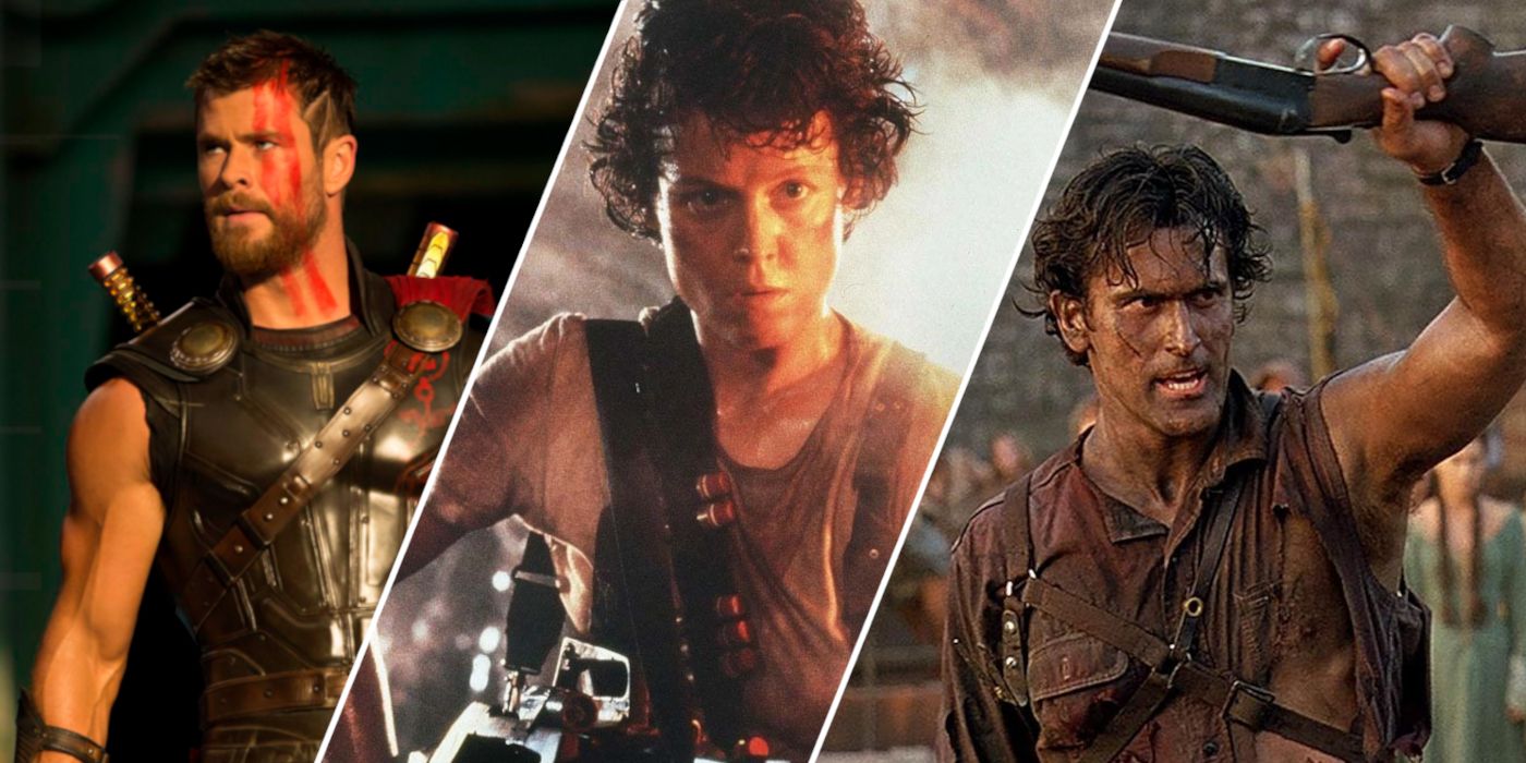 Split image of Thor from the MCU, Ripley from Aliens, and Ash from The Evil Dead