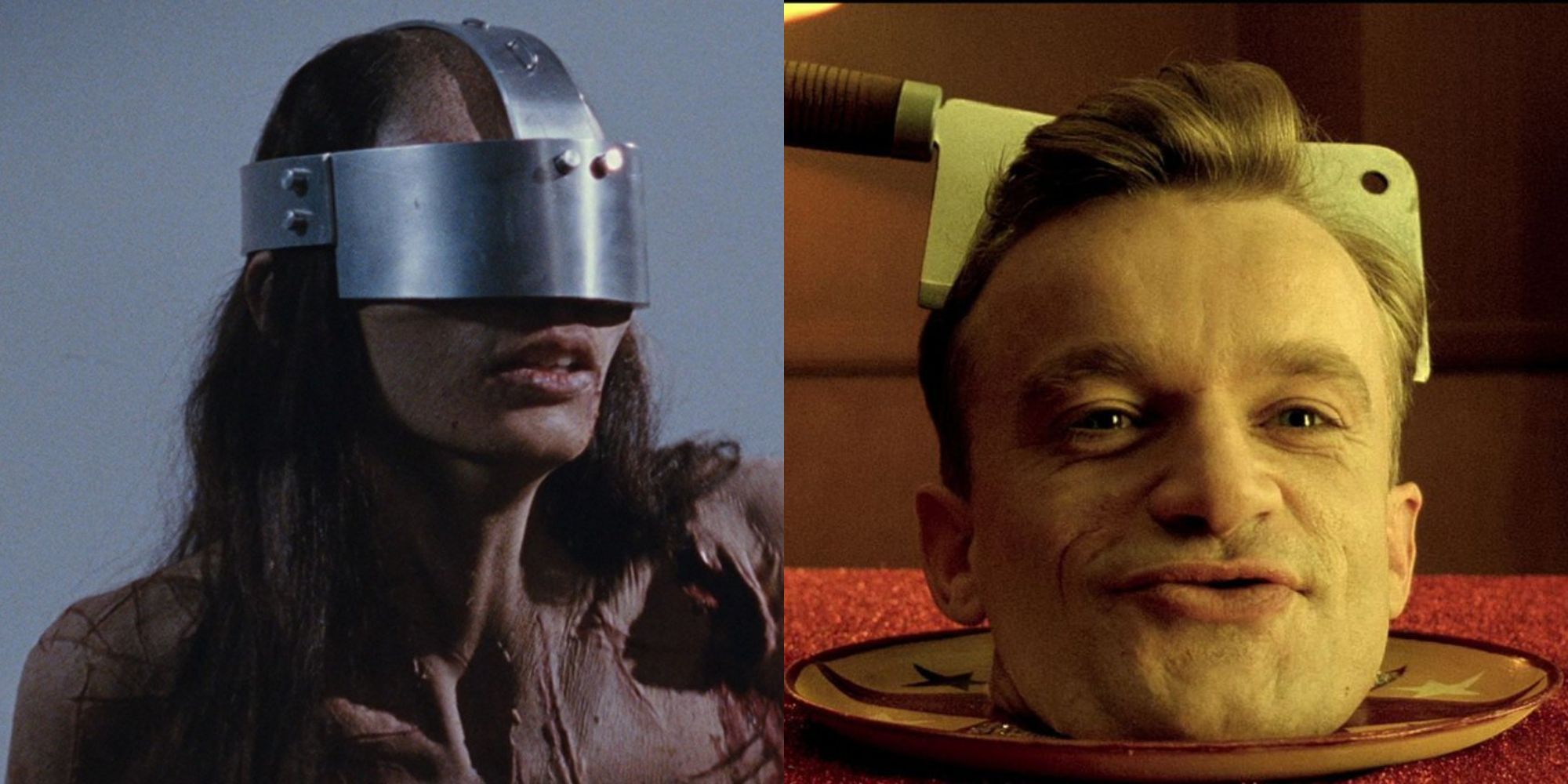 A horribly brutalised and emaciated woman with a metal capped to her head covering her eyes in Martyrs on the left; A head placed on a plate with a butcher's knife sliced onto it in Delicatessen on the right