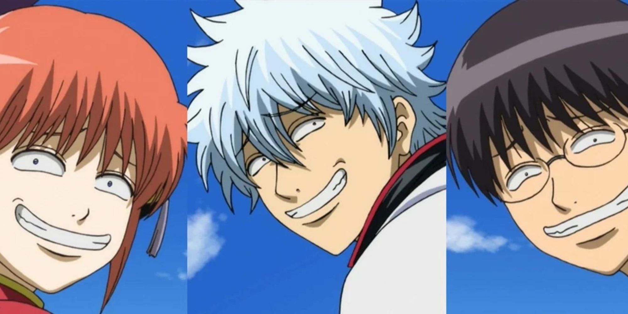 A collage of Gintama characters, Gintoki, Kagura and SHinpachi smiling in a eerie but funny way