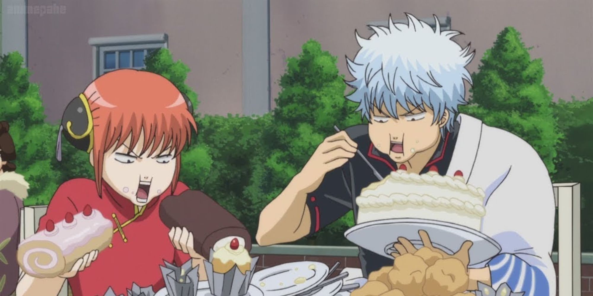 Gintoki and Kagura eating tons of sweets and desserts in Gintama