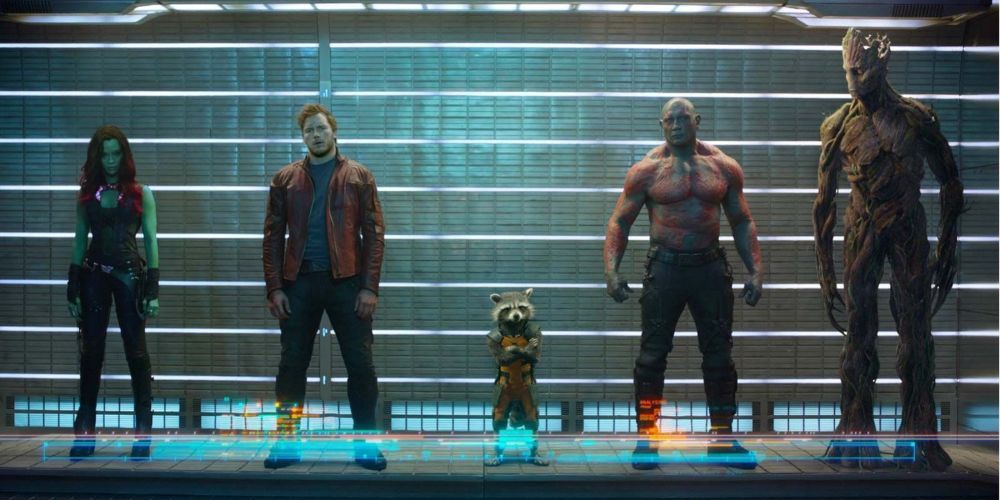 The Guardians in a lineup in Guardians of the Galaxy (2014)