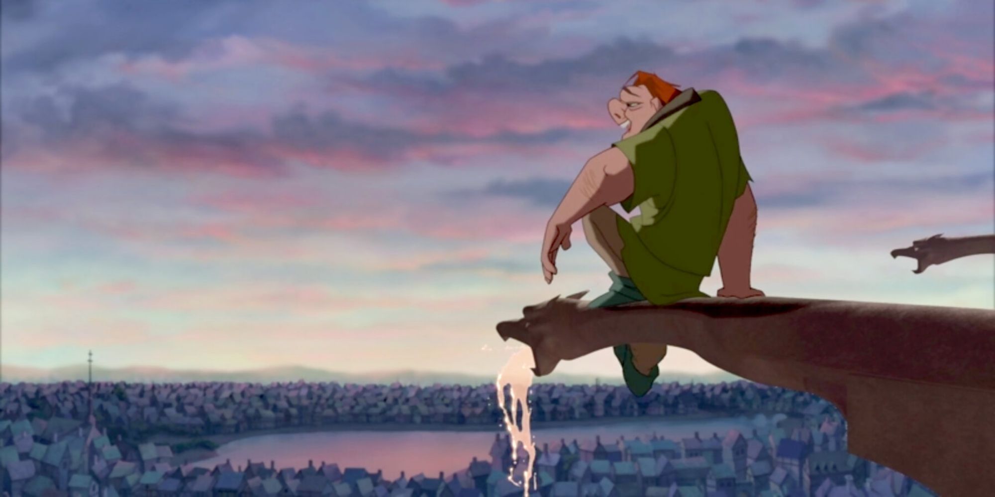Quasimodo sitting on a gargoyle overlooking Paris in The Hunchback of Notre Dame