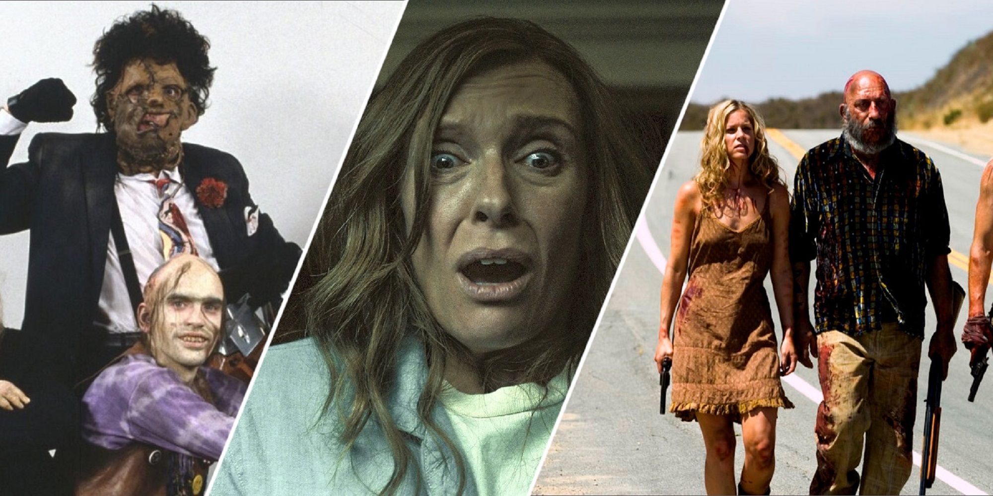 Leatherface and the Sawyer Family in 'The Texas Chain Saw Massacre,' Annie looking terrified in 'Hereditary,' and the Firefly family walking down a street.