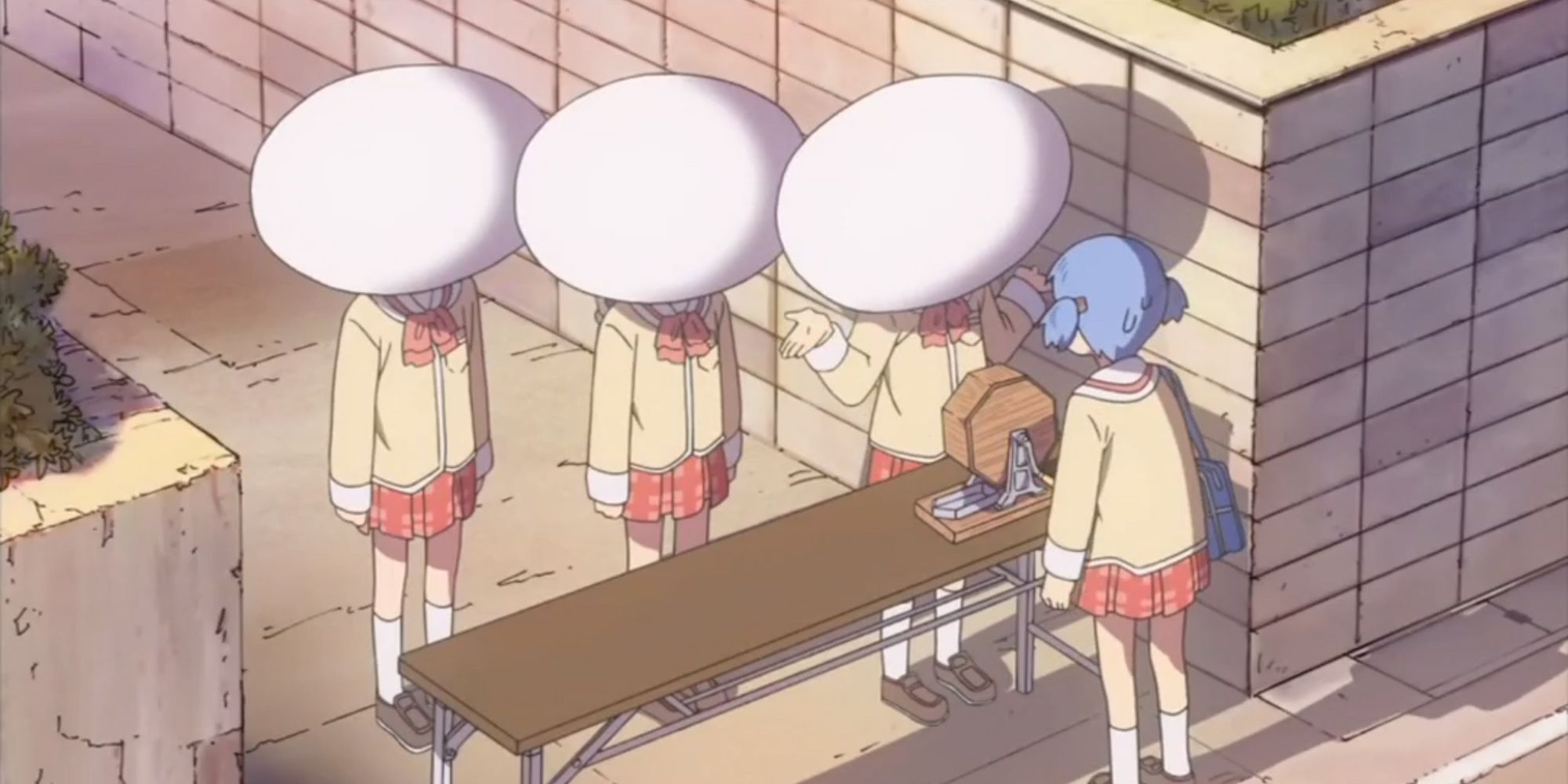 3 characters with egg on their head whilst a girl with blue hair stares at them in Nichijou: My Ordinary life