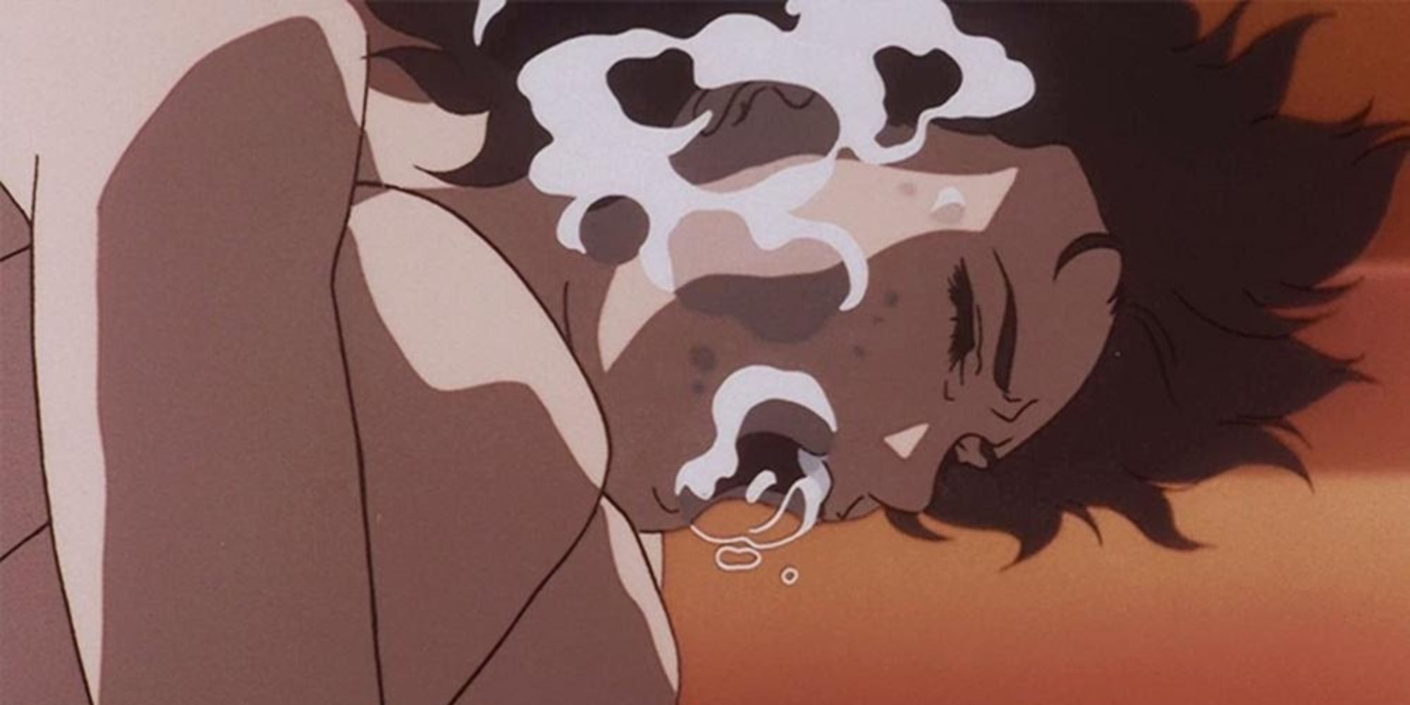 A woman yelling in her bathub filled with water in Perfect Blue (1997)