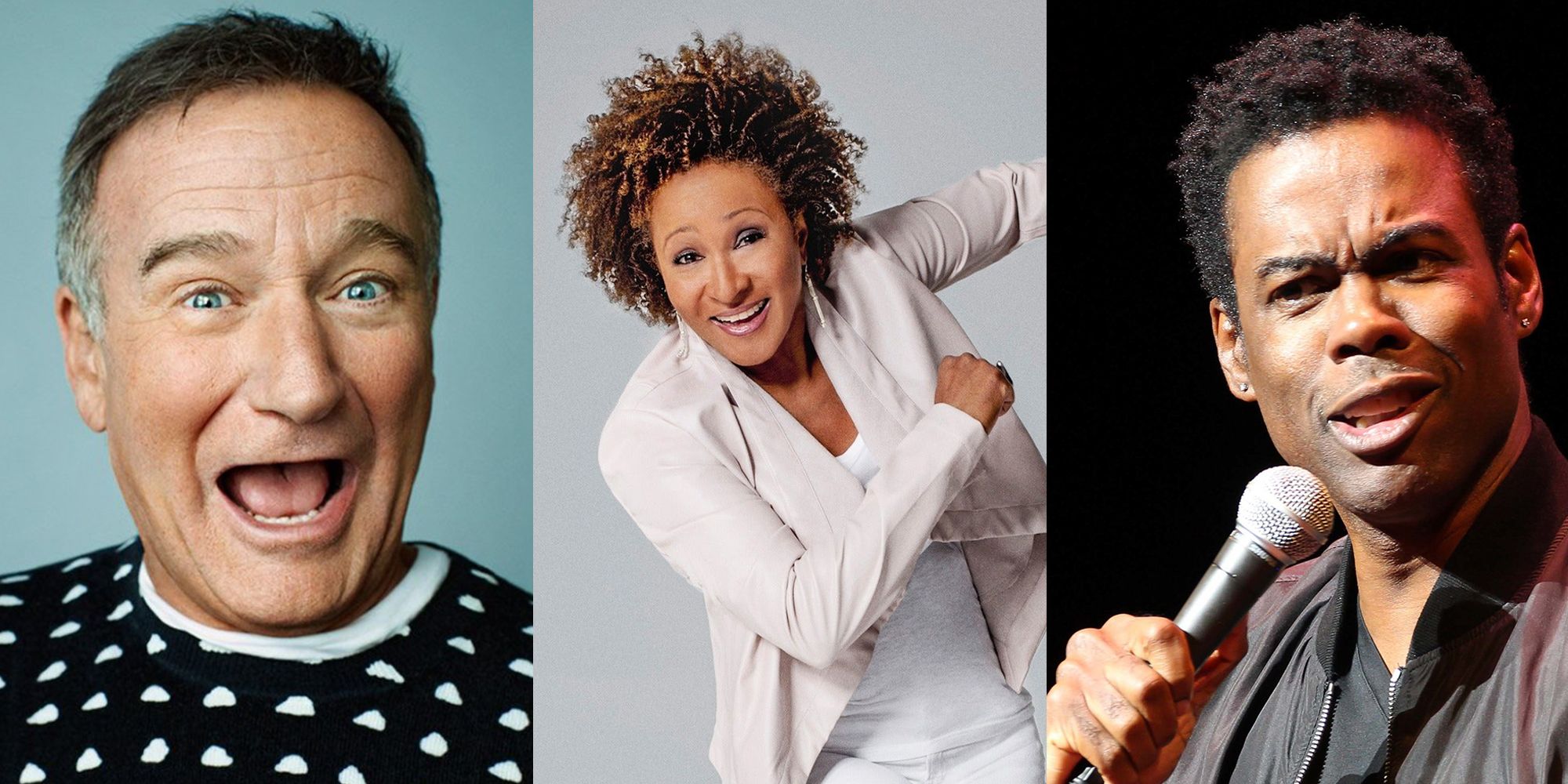 Robin Williams smiling and Wanda Sykes dancing and Chris Rock with microphone 