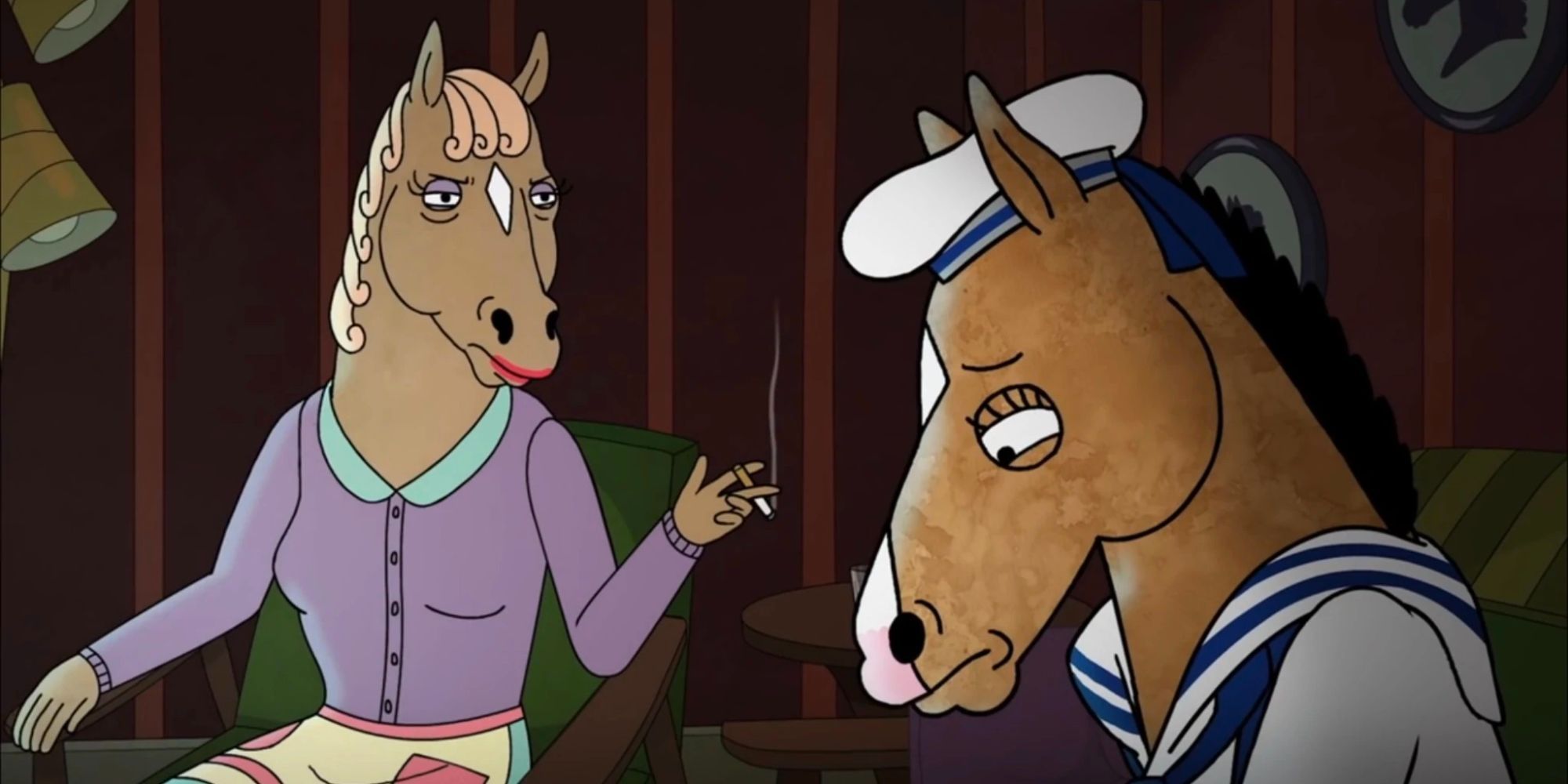 An animated horsewoman is smoking cigarette while teaching her son, a horseman in navy suit