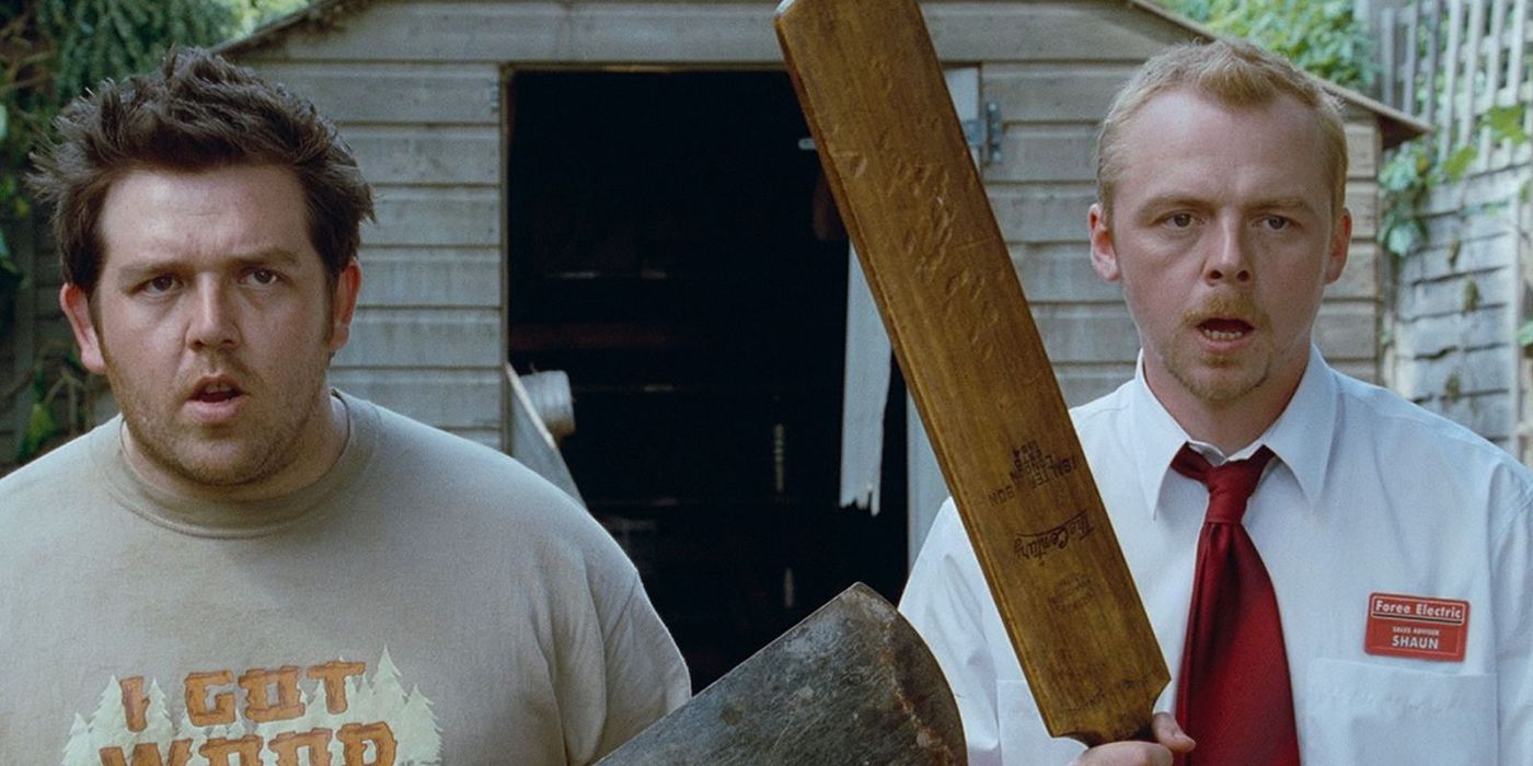 Ed and Shaun looking confused while looking ahead in Shaun of the Dead