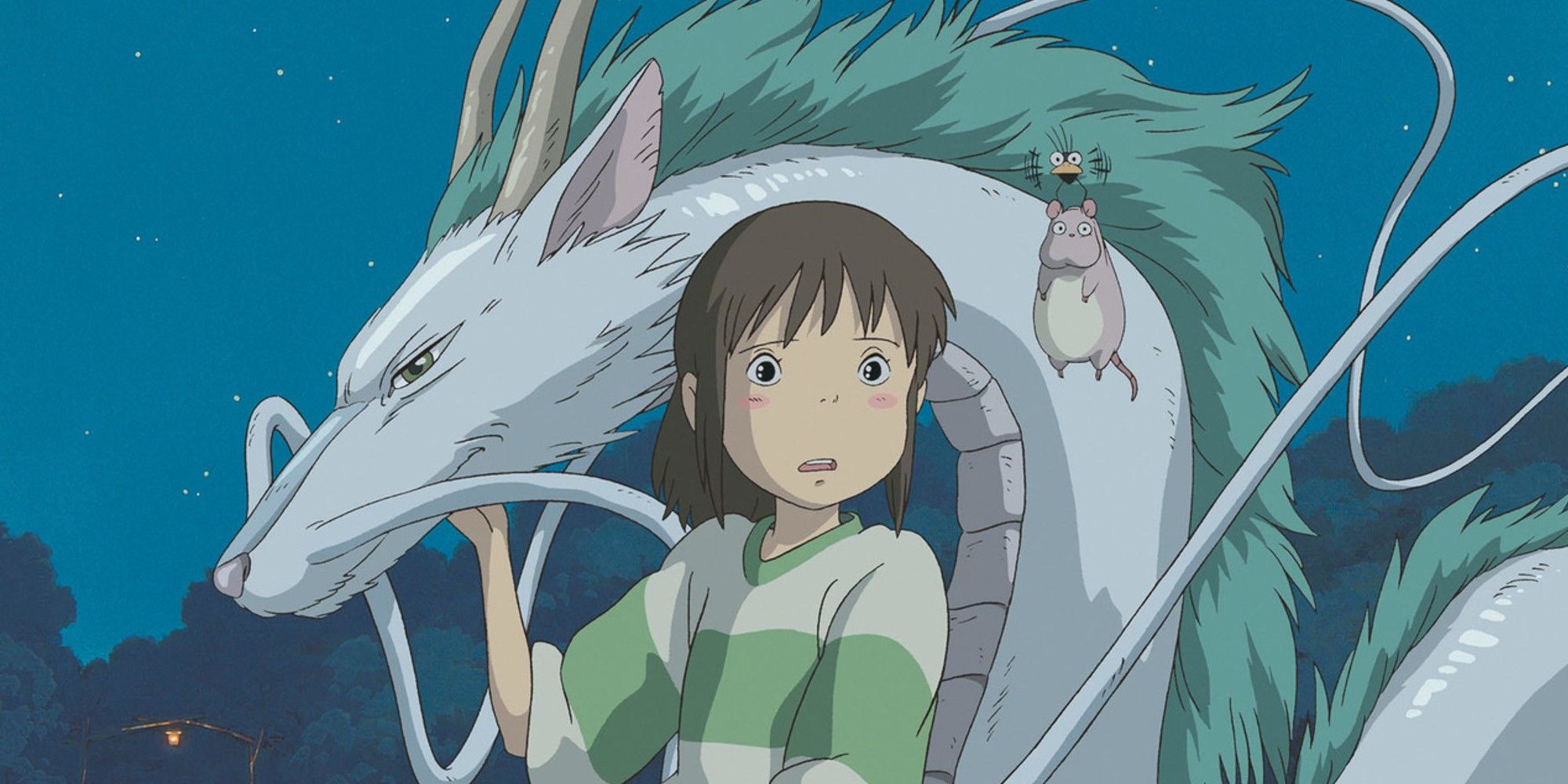 Chihiro with a scared expression with Haku by her side in Spirited Away