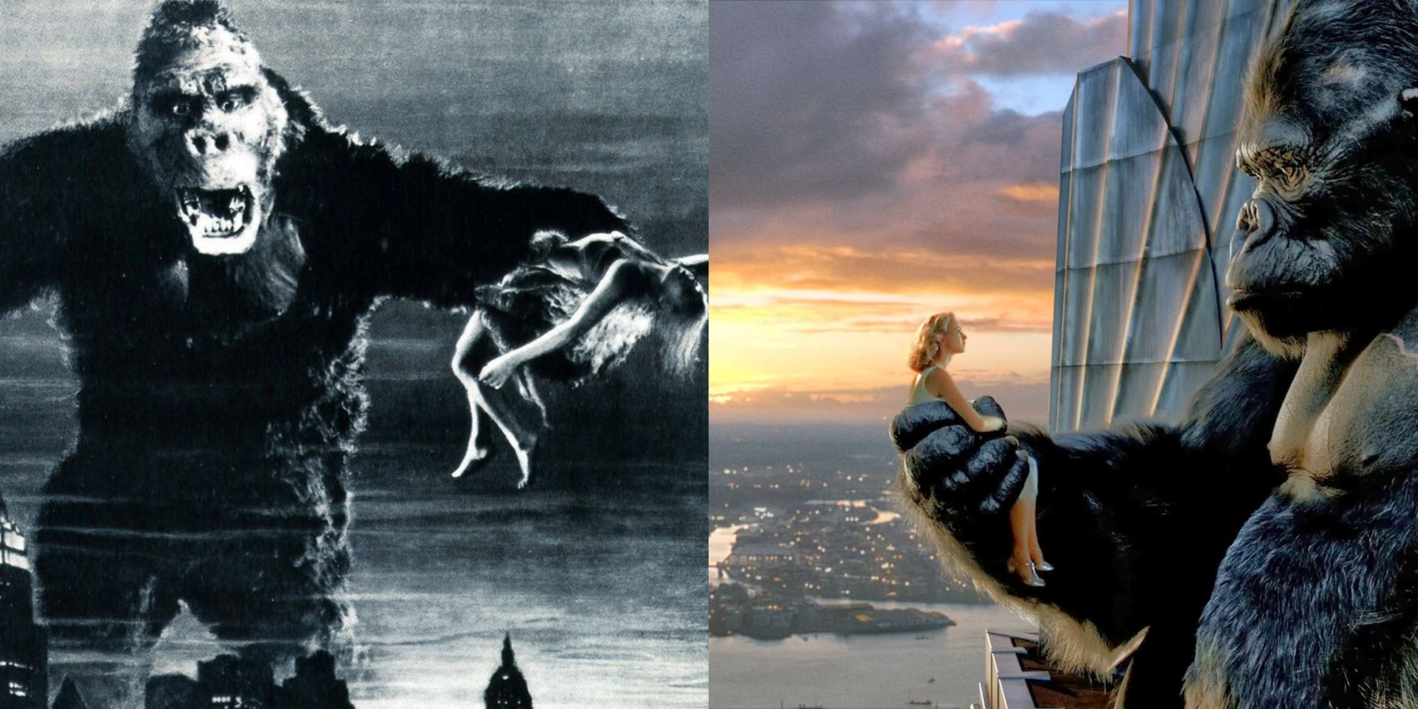 King Kong (1933 and 2005) on top of the Empire State holding a woman