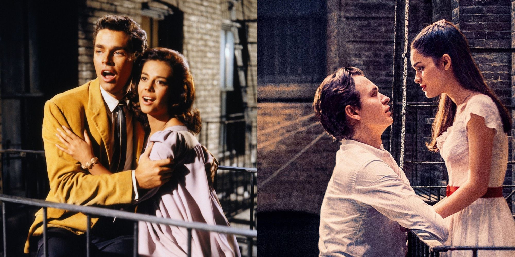 both versions of Tony and Maria from West Side Story on the fire escape stairs