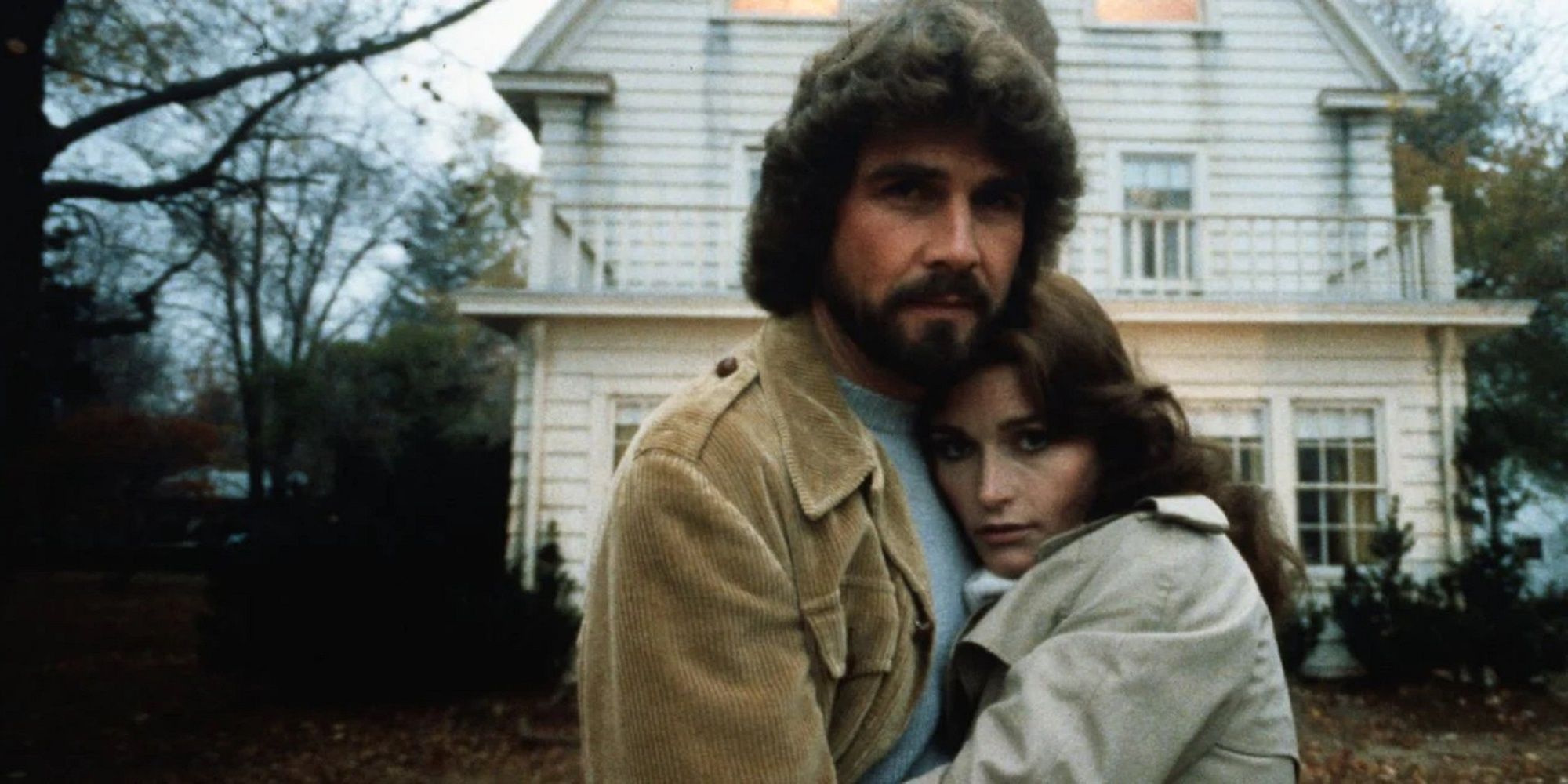 The family in front of their terrifying house in 'The Amityville Horror.'