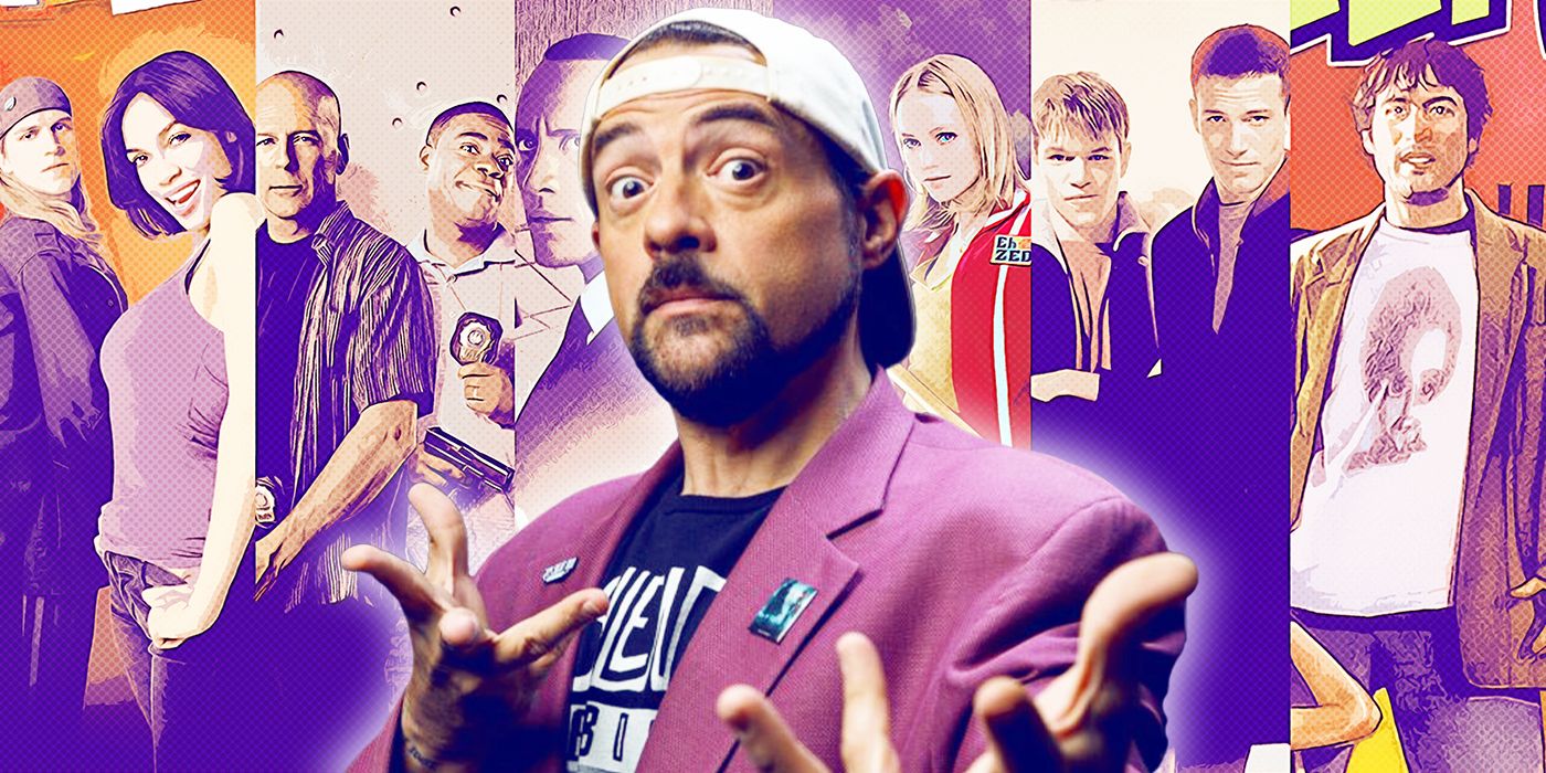 Blended image showing Kevin Smith with characters from his movies in the background