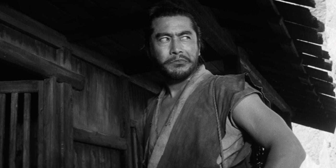 close-up of Toshiro Mifune staring in The Hidden Fortress