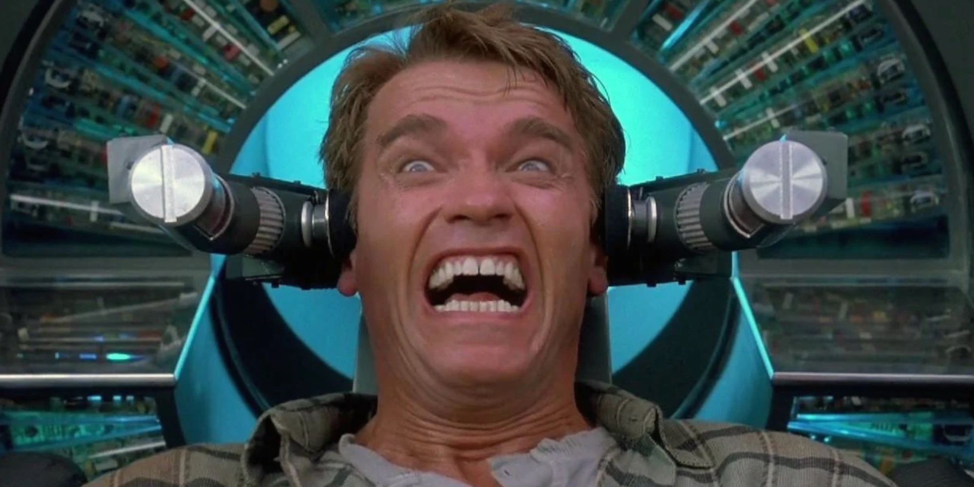 Closeup of Quaid (Arnold Schwarzenegger) in the memory implant machine Total Recall