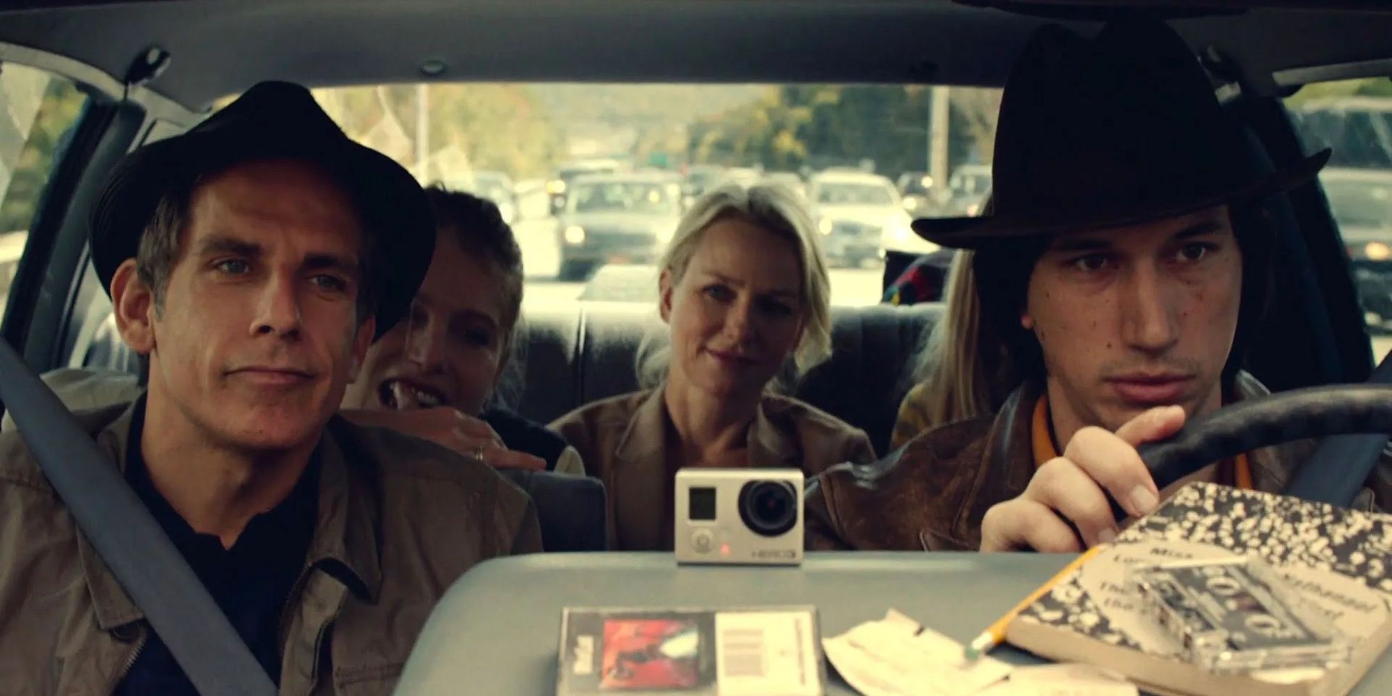 Ben Stiller, Naomi Watts, and Adam Driver Josh, Cornelia, and Jamie inside a car with other friends in While We're Young