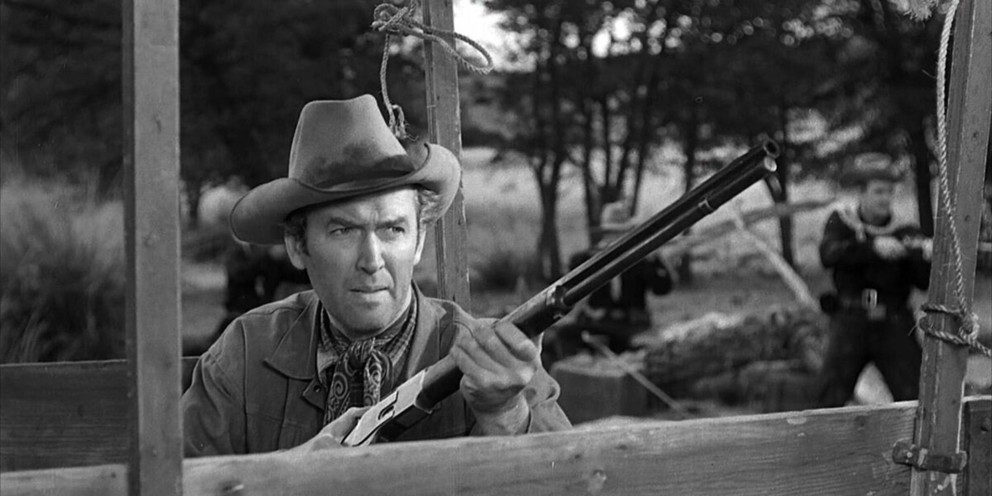 Jimmy Stewart as Lin McAdam holding a shotgun in Winchester '73