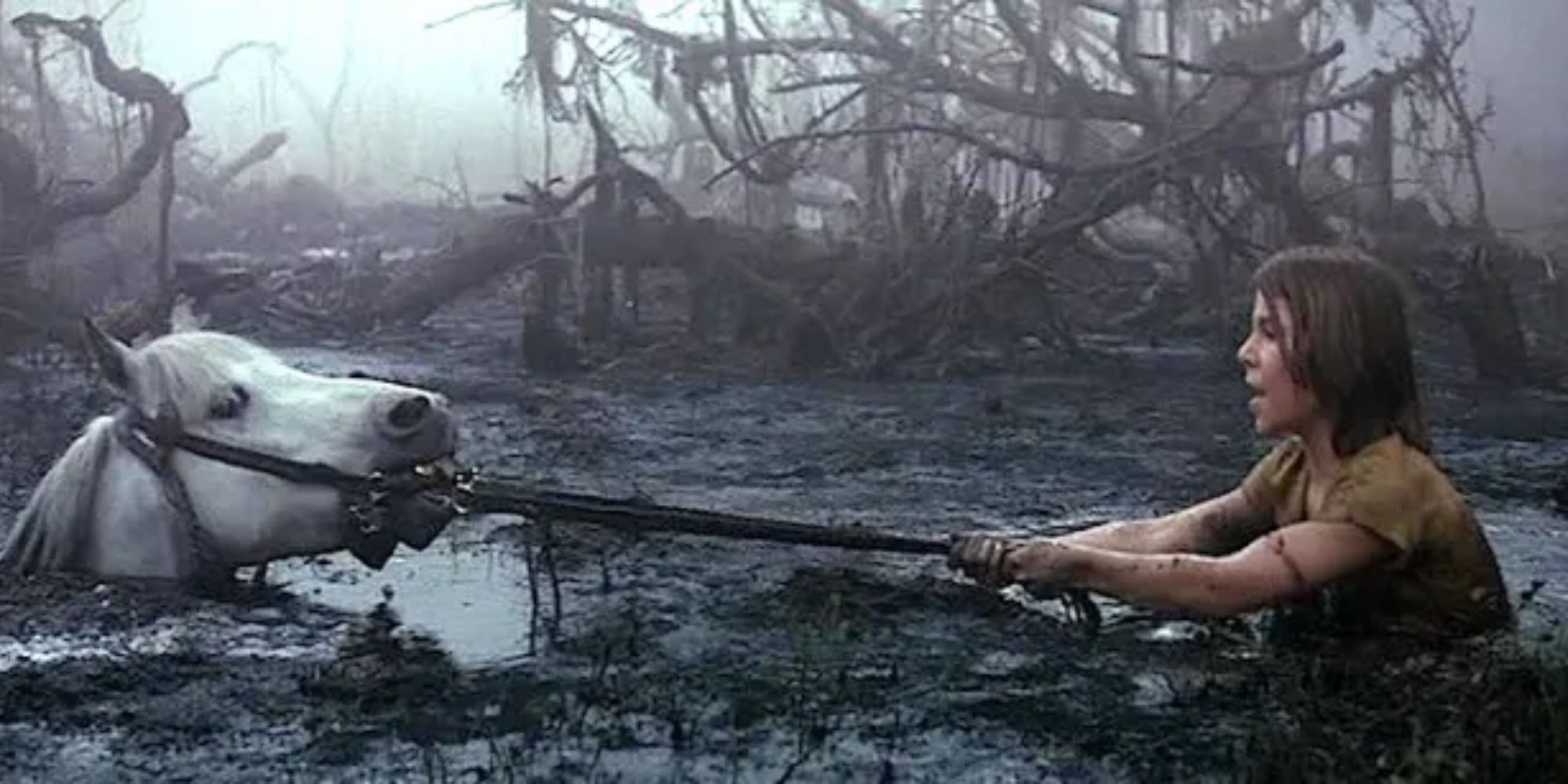 Atreyu tries his best to pull Artax out of the bog