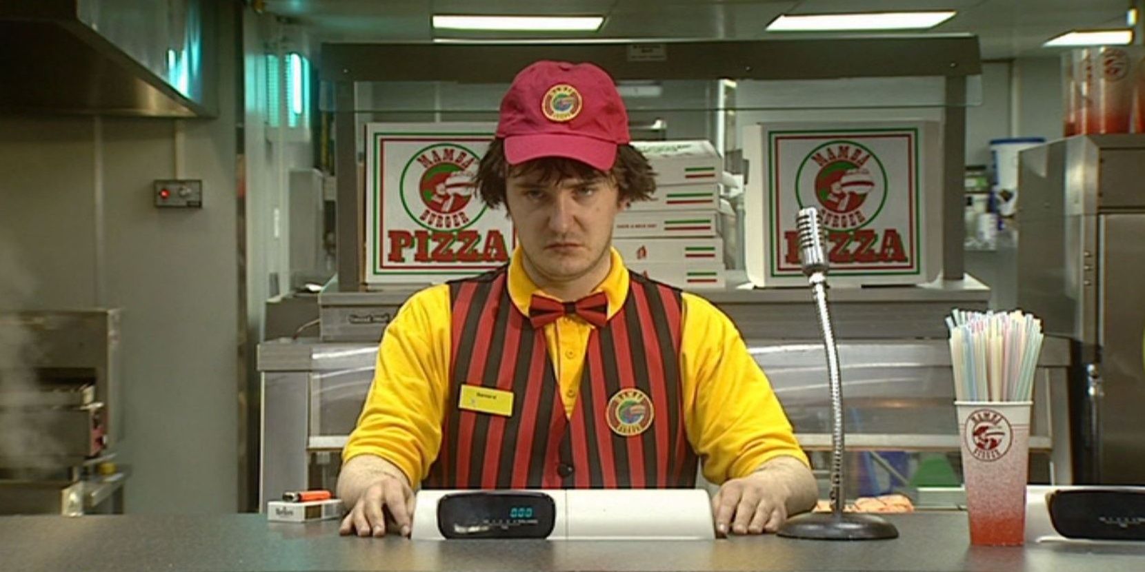 big lock out , bernard at counter, dylan moran, fast food uniform
