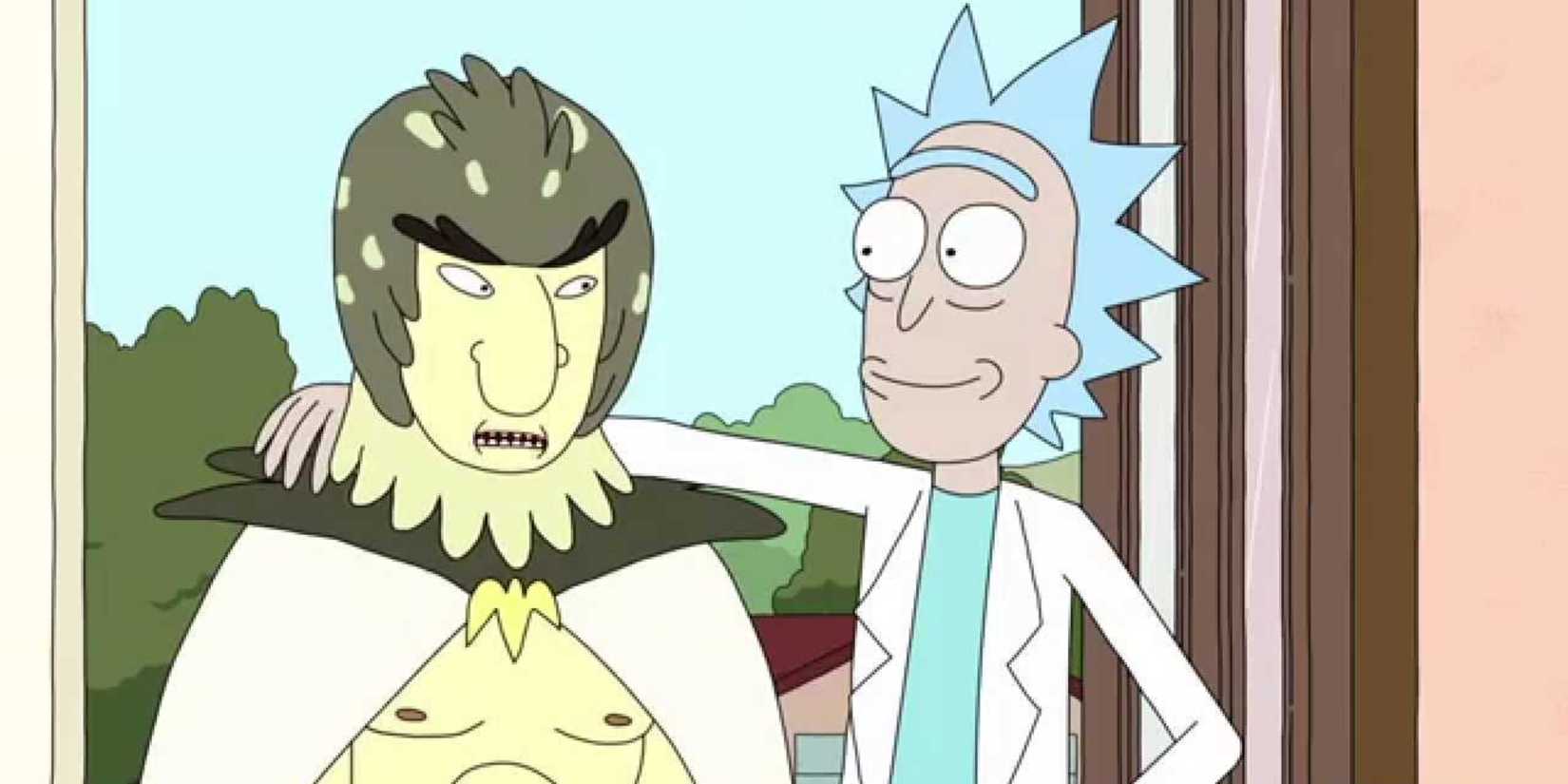 Rick smiles and has his arm around Birdperson in Rick and Morty.
